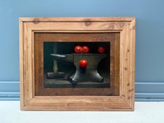 "Tomato and Anvil" hyperrealist, tender fruits atop industrial metal, painting