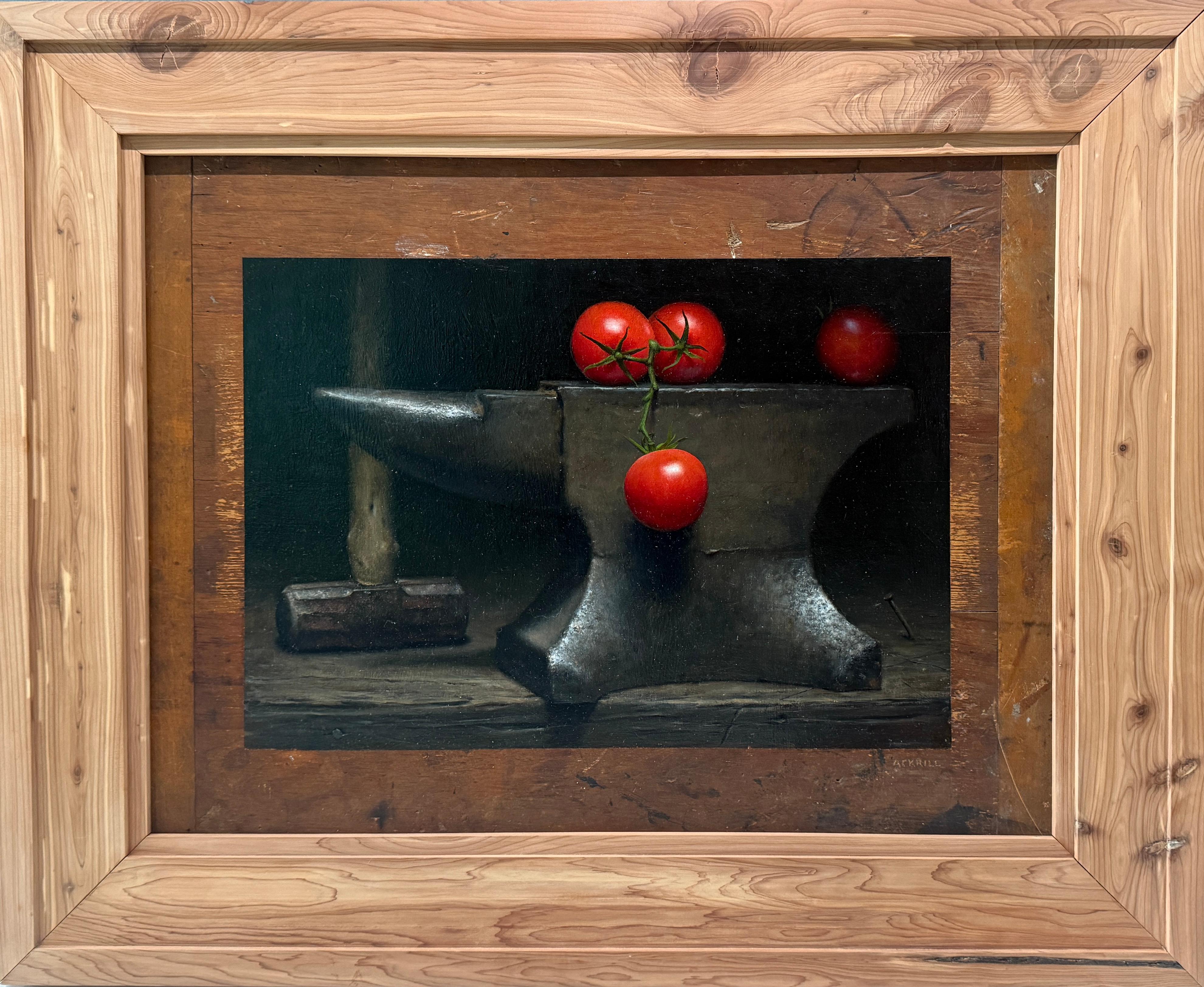"Tomate et enclume" hyperréaliste, tomates tendres sur métal lourd, froid et rigide - Painting de Anthony Ackrill