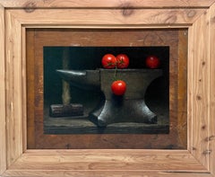 "Tomate y yunque" hiperrealista, tomates tiernos sobre metal rígido, frío y pesado