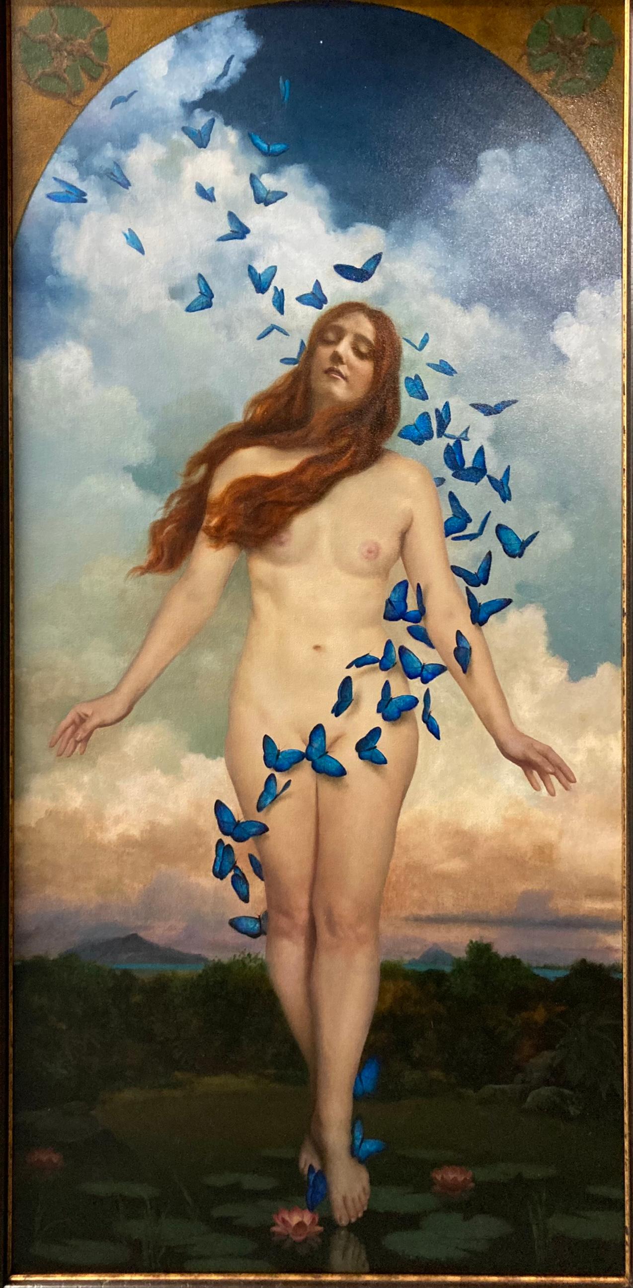 Anthony Ackrill Figurative Painting – "Transformation" Zeitgenössischer weiblicher Ölakt Metamorphosis, Venus allegorisch 