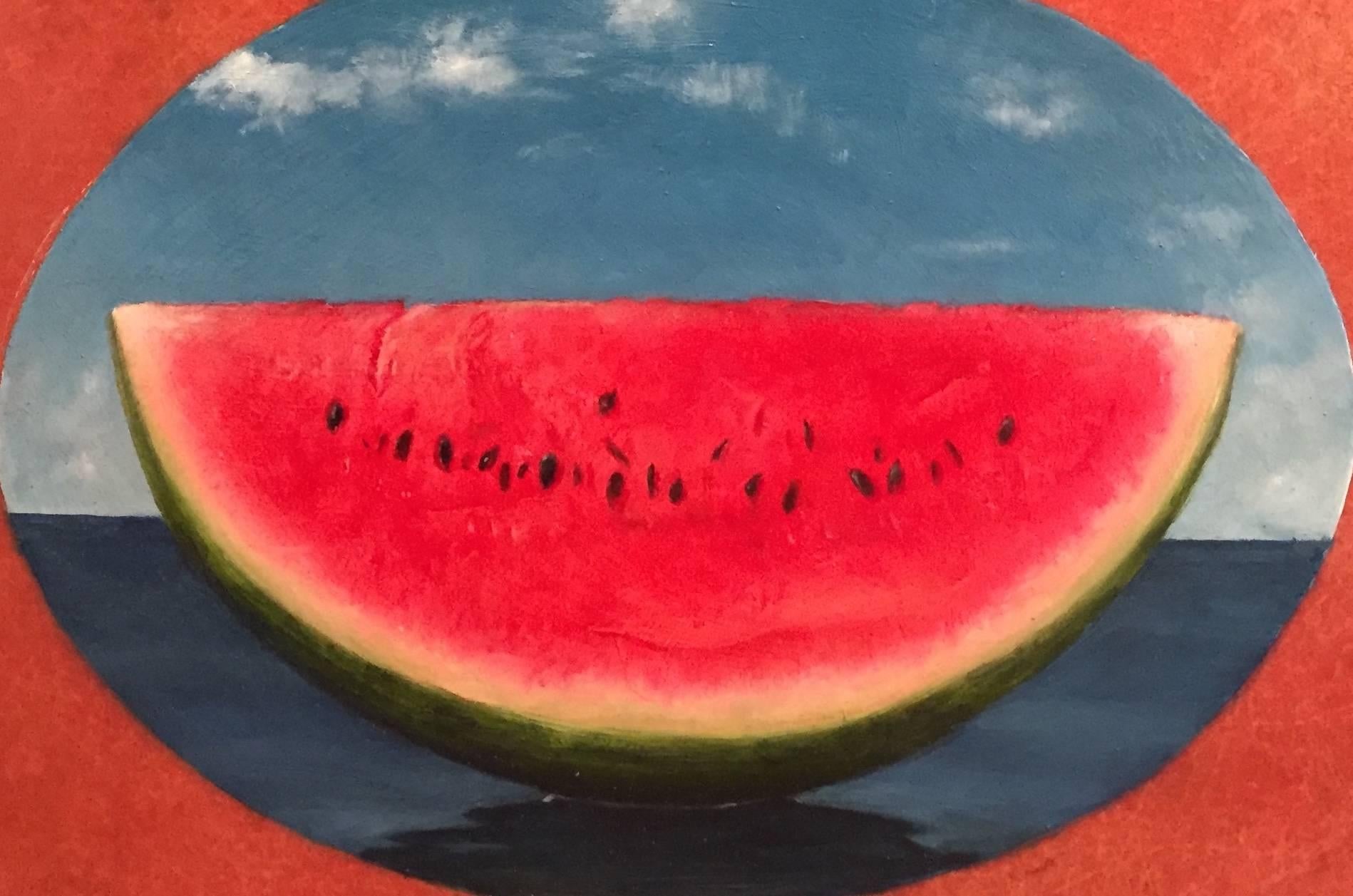 “Water Melon” unique surrealist painting of fruit on real food tray, pop art - Painting by Anthony Ackrill
