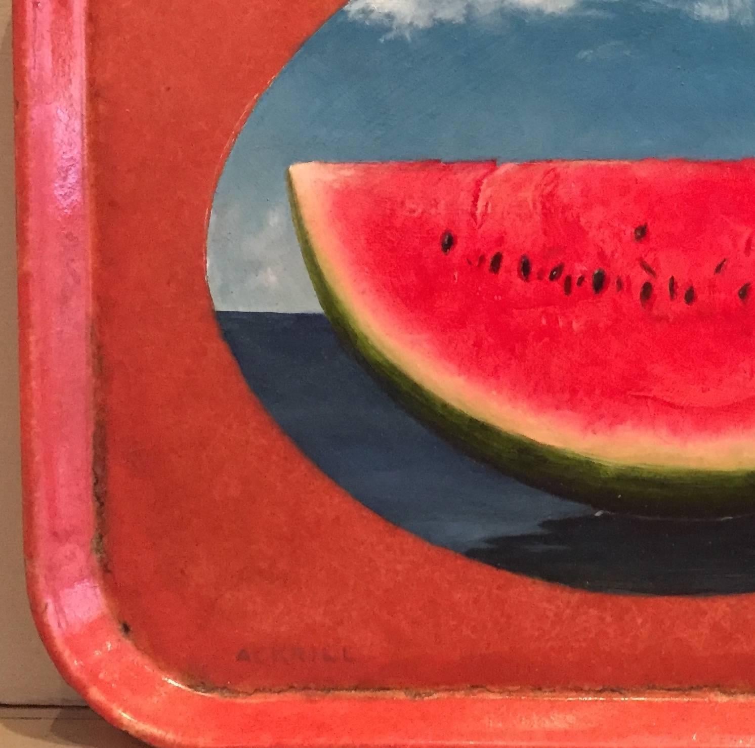 “Water Melon” unique surrealist painting of fruit on real food tray, pop art - Pop Art Painting by Anthony Ackrill