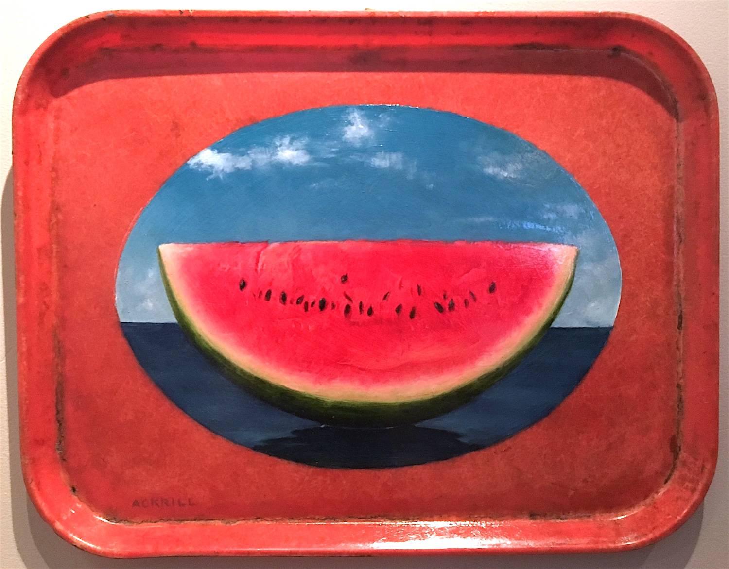 Anthony Ackrill Landscape Painting - “Water Melon” unique surrealist painting of fruit on real food tray, pop art