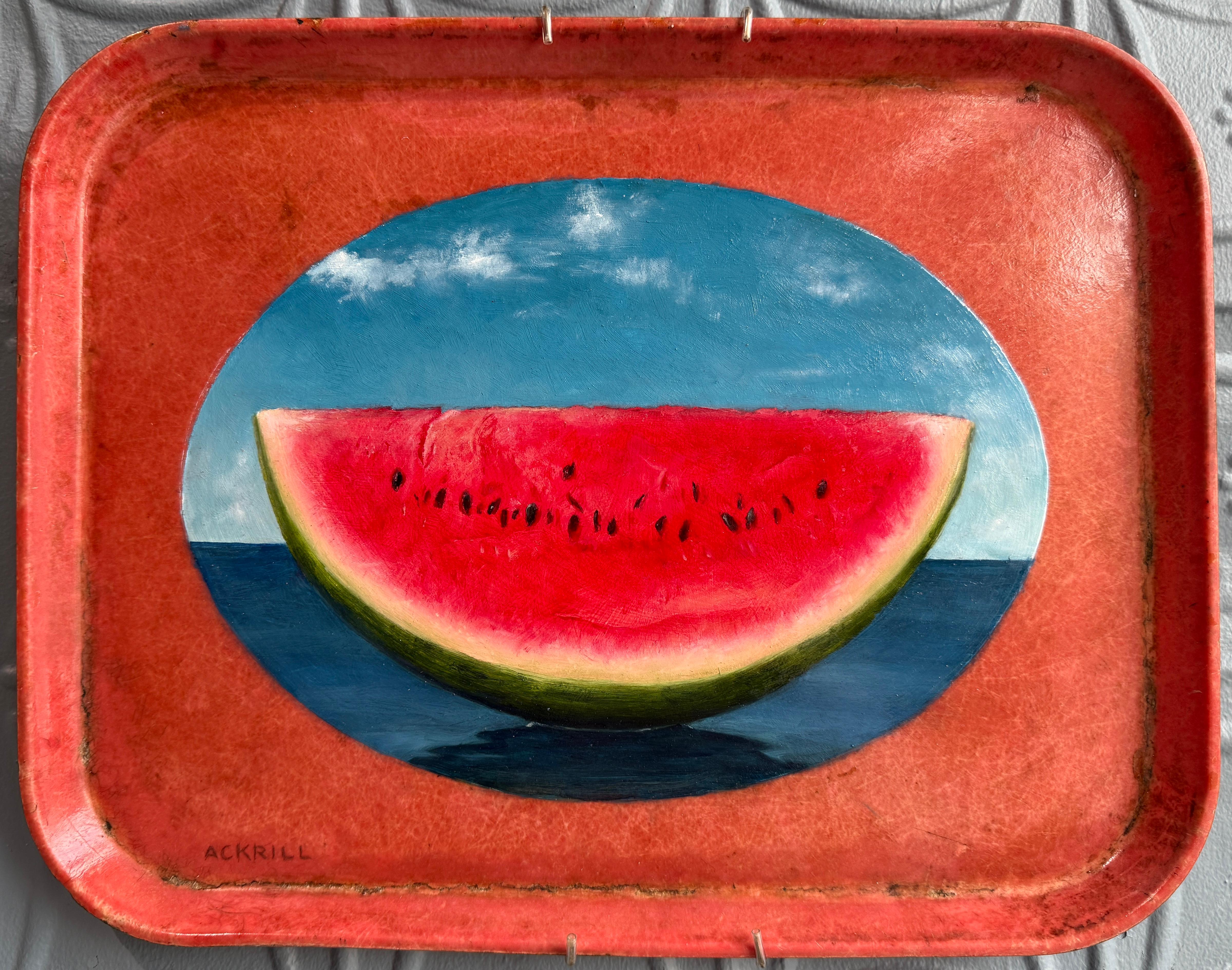 Anthony Ackrill Still-Life Painting – Einzigartiges surrealistisches Gemälde von Früchten auf echtem Lebensmitteltablett, Pop-Art