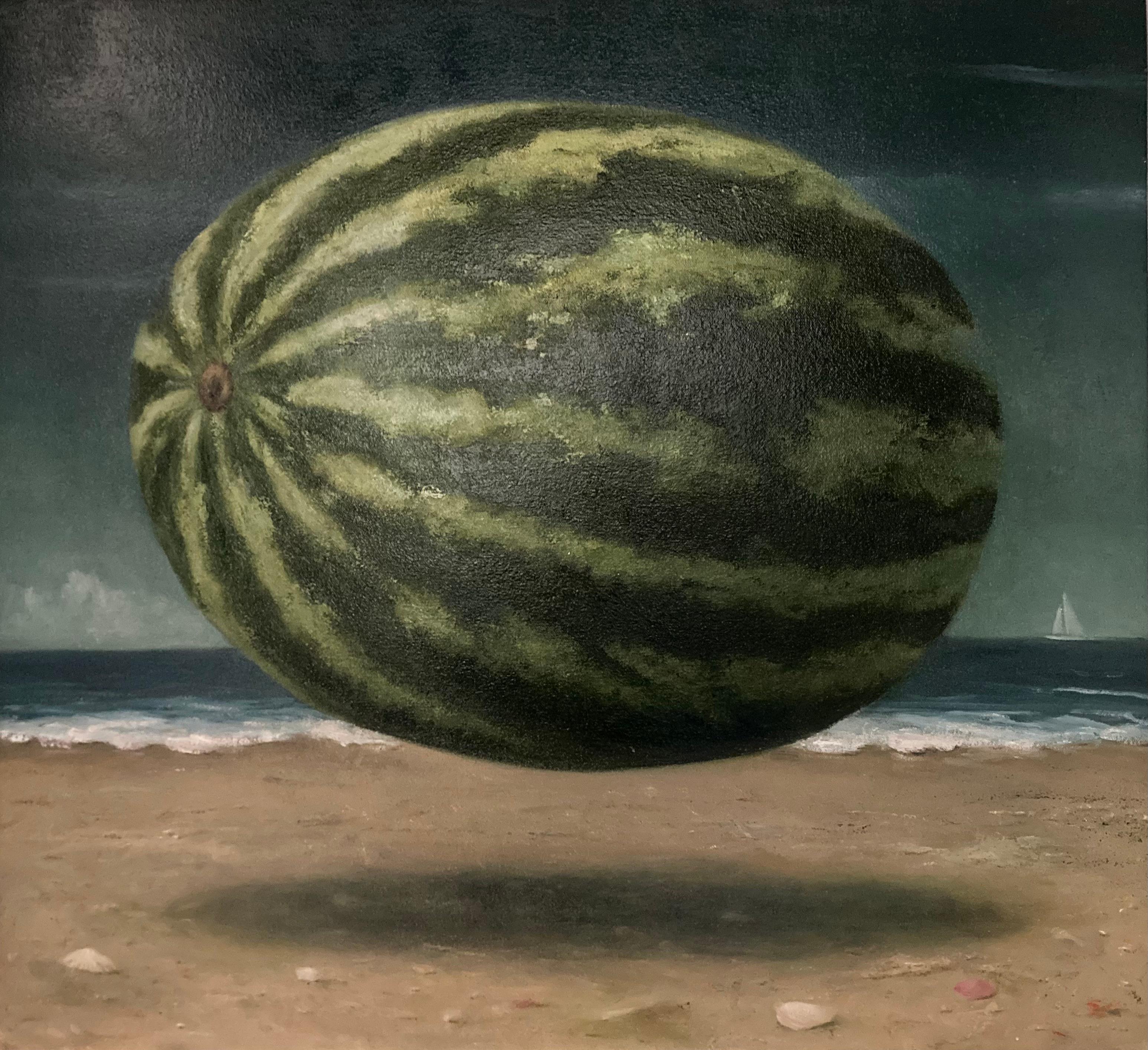 Anthony Ackrill Still-Life Painting - "Watermelon by the Sea" surrealistic still life on the beach, Florida
