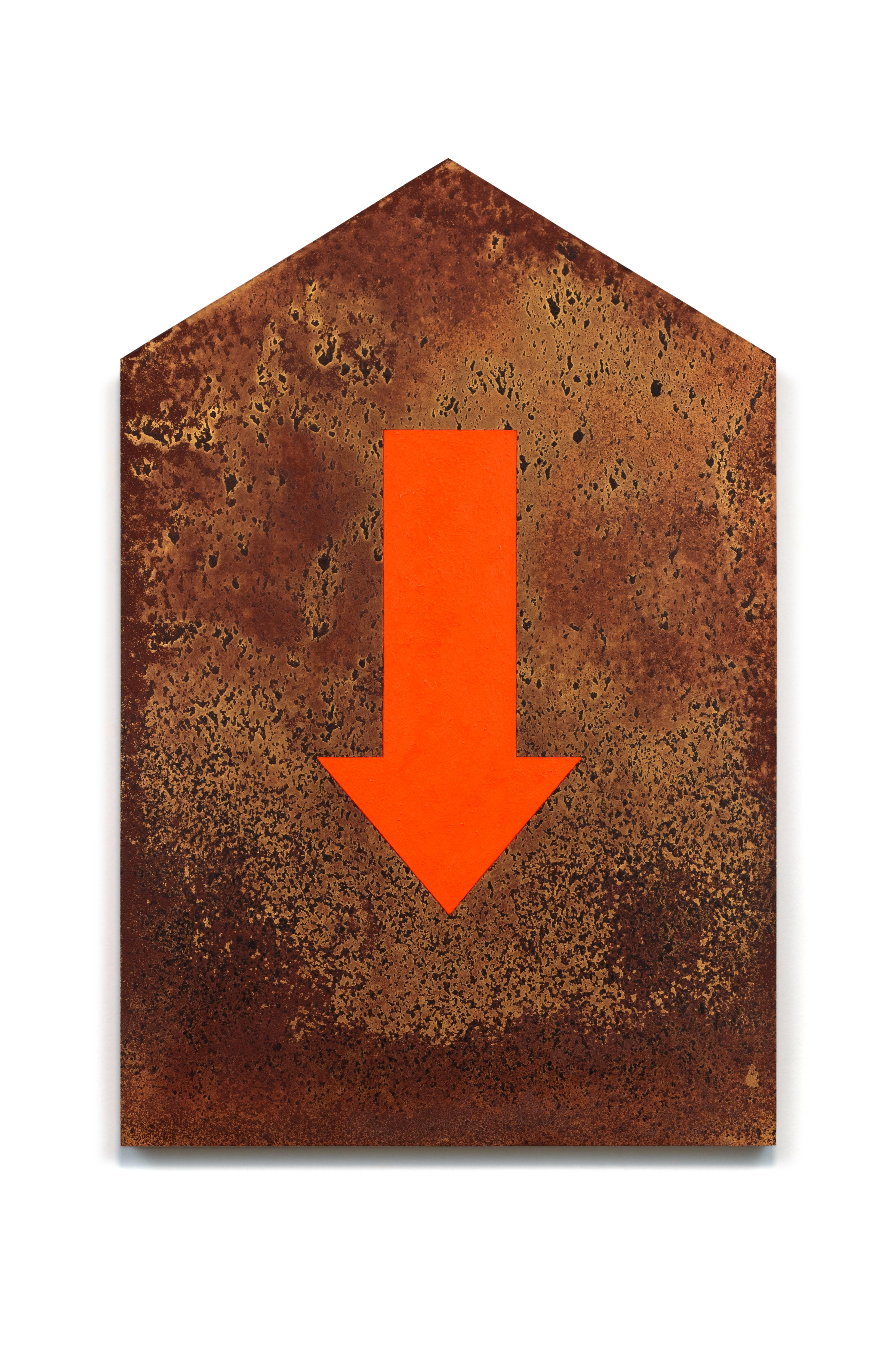 Descent - Hyperrealistic oil painting of rusty directional road sign - Realist Painting by Anthony Adcock