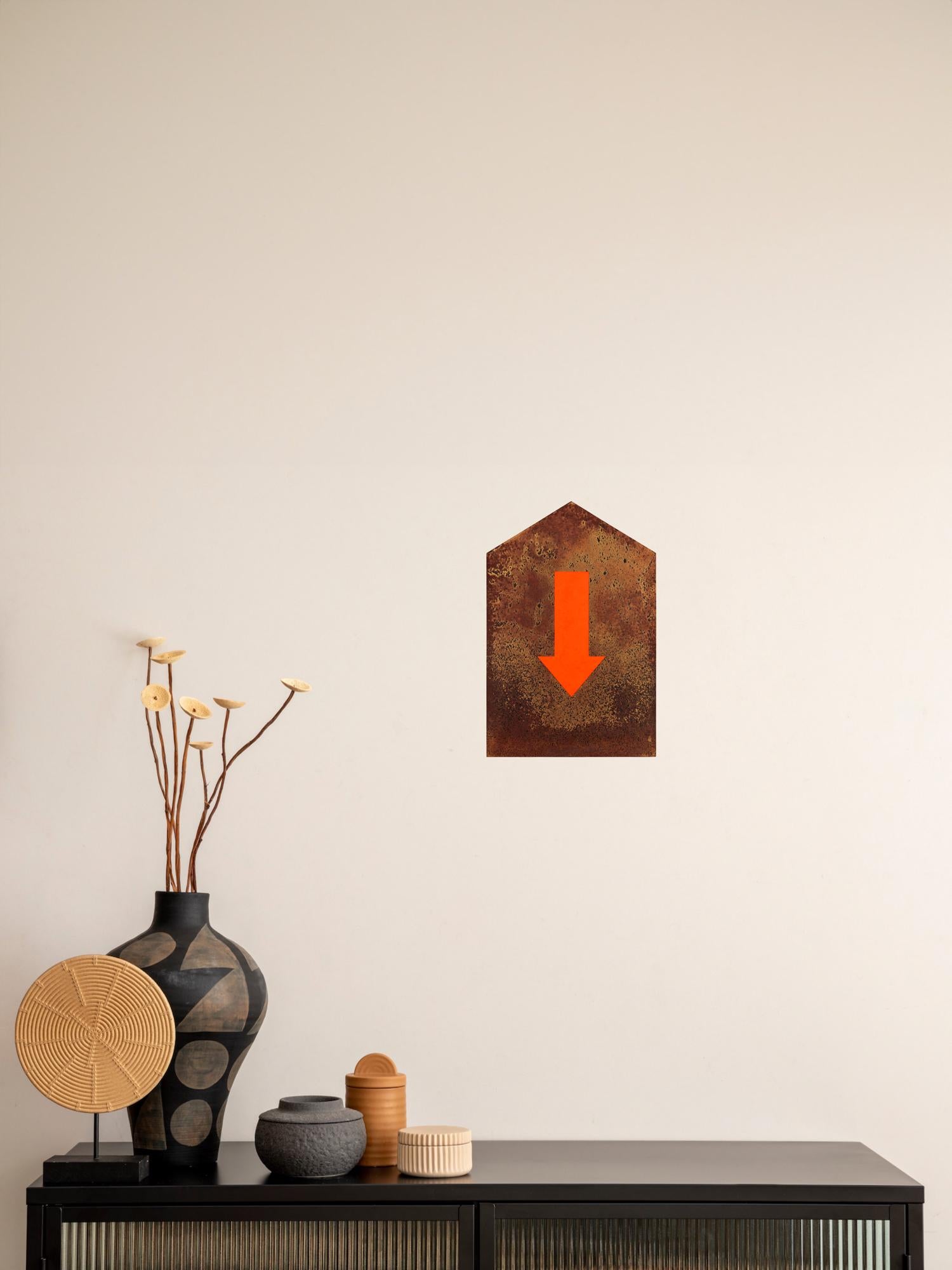 Hyperrealist oil painting of an oxidized, rusted metal road sign with orange directional arrow detail by Anthony Adcock. 

Medium: Oil and 23.5 gold leaf on aluminum. 
Size: 15 x 10 inches. 

**No metal or rust was used in this painting—it is an oil