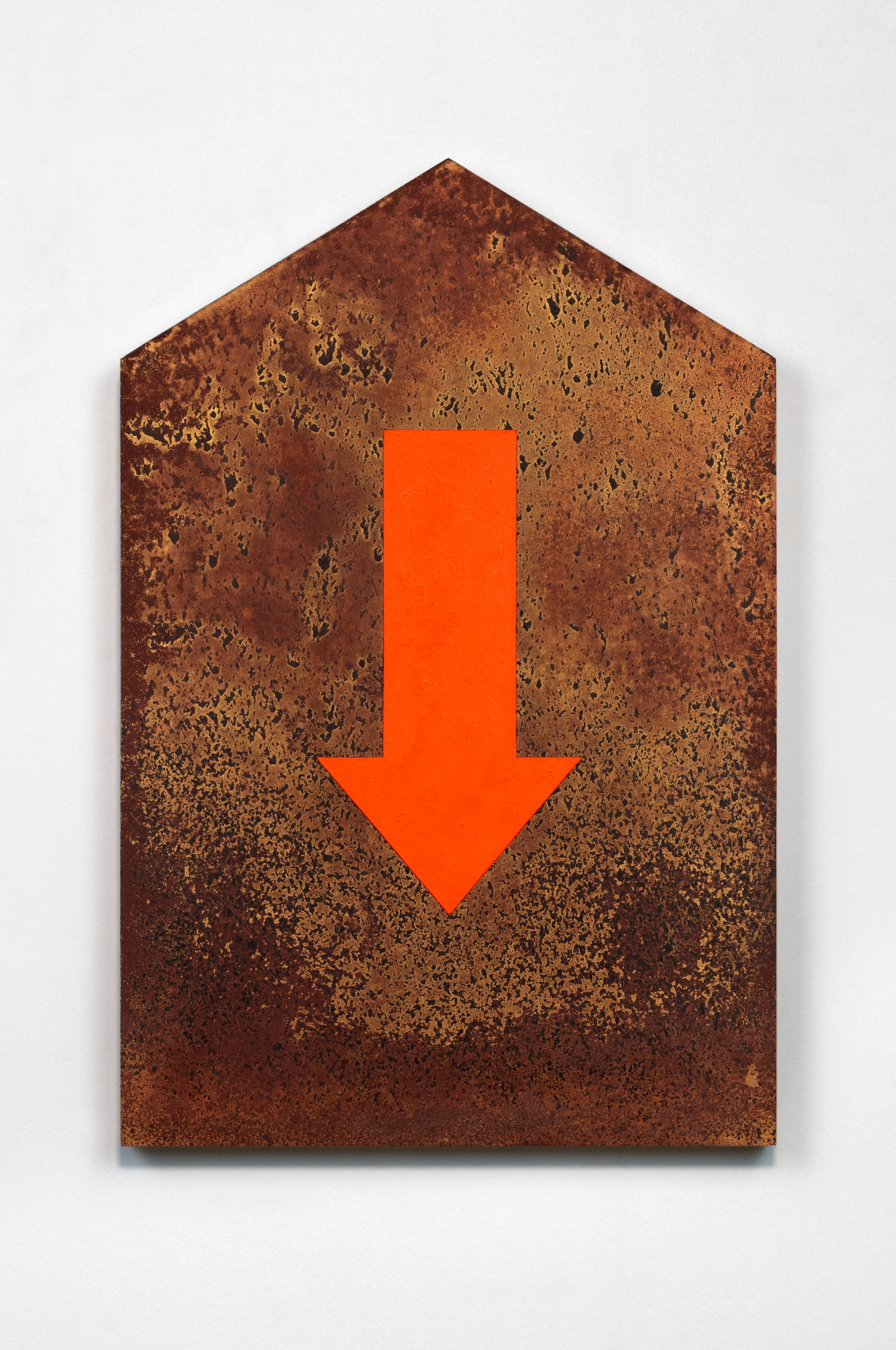 Anthony Adcock Still-Life Painting - Descent - Hyperrealistic oil painting of rusty directional road sign