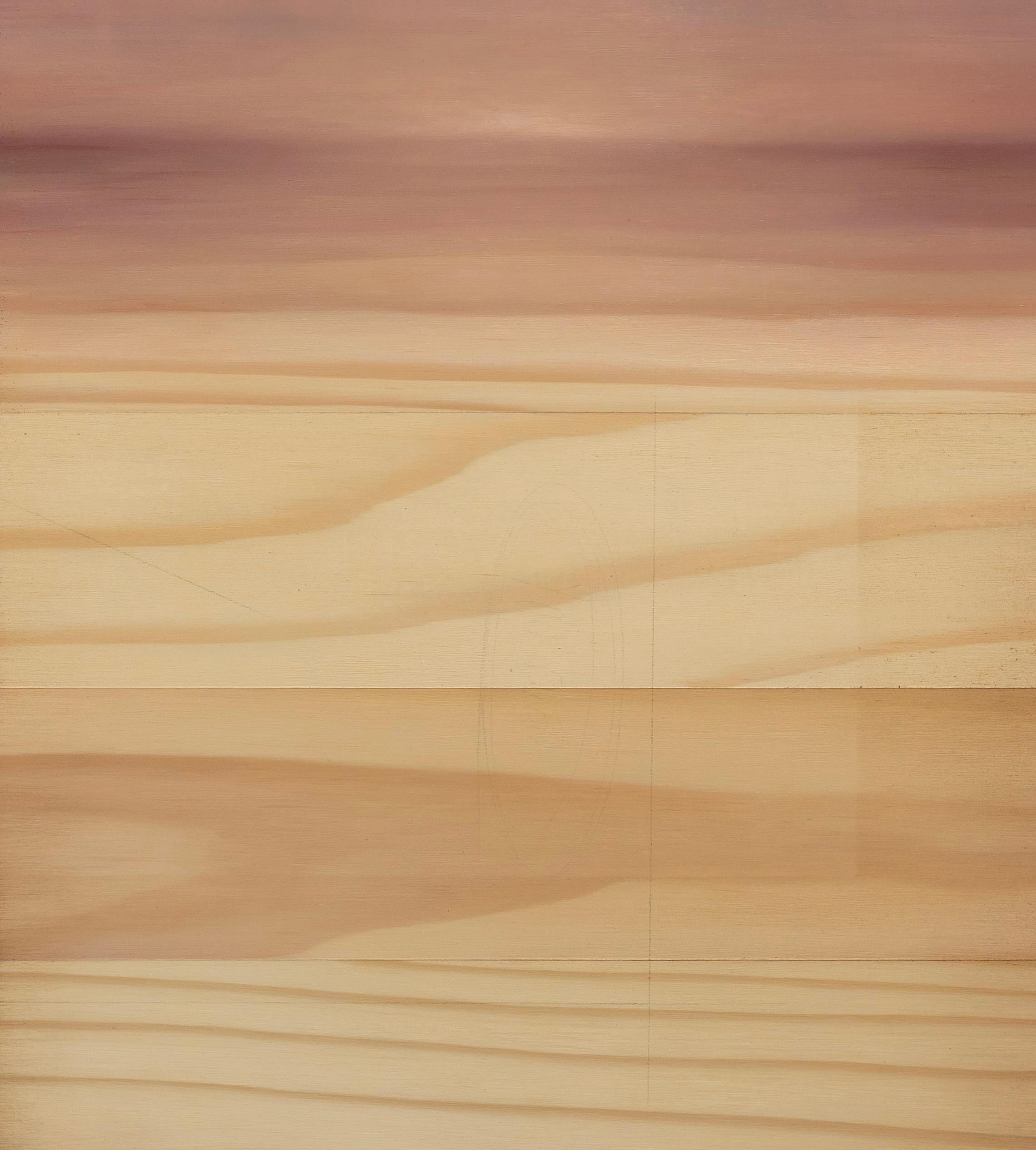 Horizonte - Pintura al óleo abstracta hiperrealista de bodegón de madera y paisaje - Landscape Painting Beige de Anthony Adcock