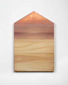 Orizzonte - Pittura ad olio astratta iperrealistica in legno con natura morta e paesaggio