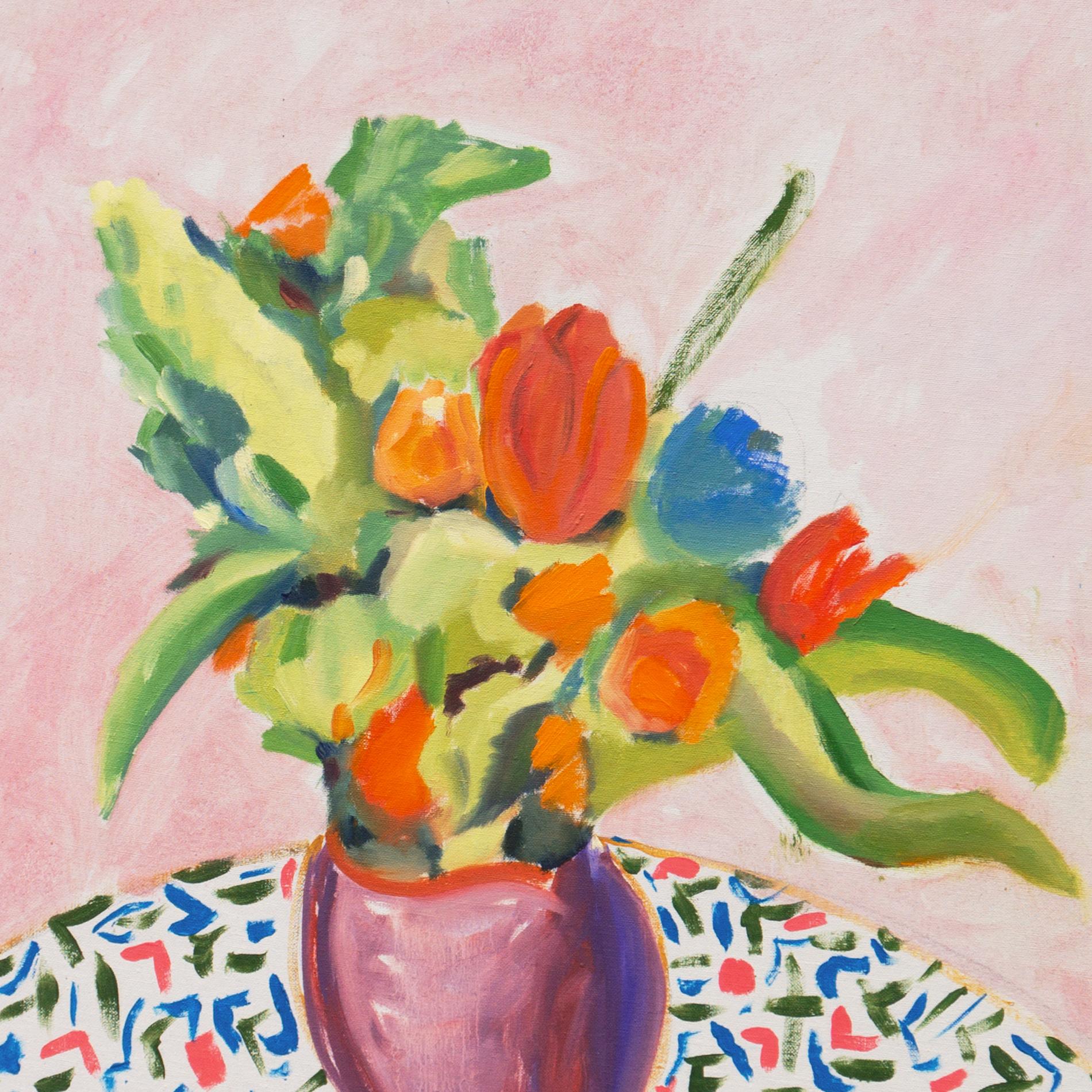 „Wilde Blumen in einer Steingutvase“, kalifornischer postimpressionistischer Postimpressionist, Santa Cruz (Beige), Still-Life Painting, von Anthony and Michael McNaught