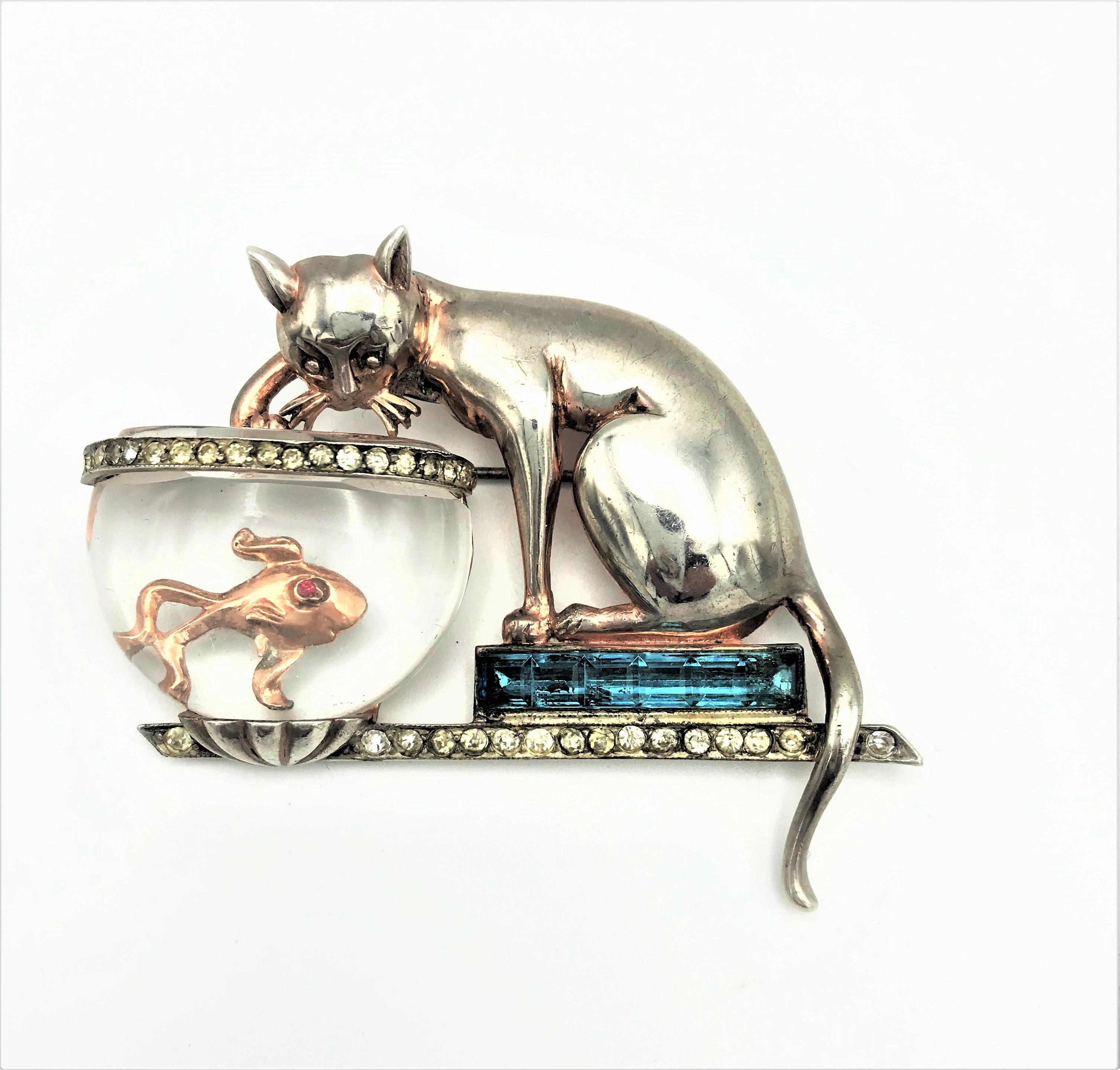 925 Cat With Brass Bowl Pin Brooch Vintage