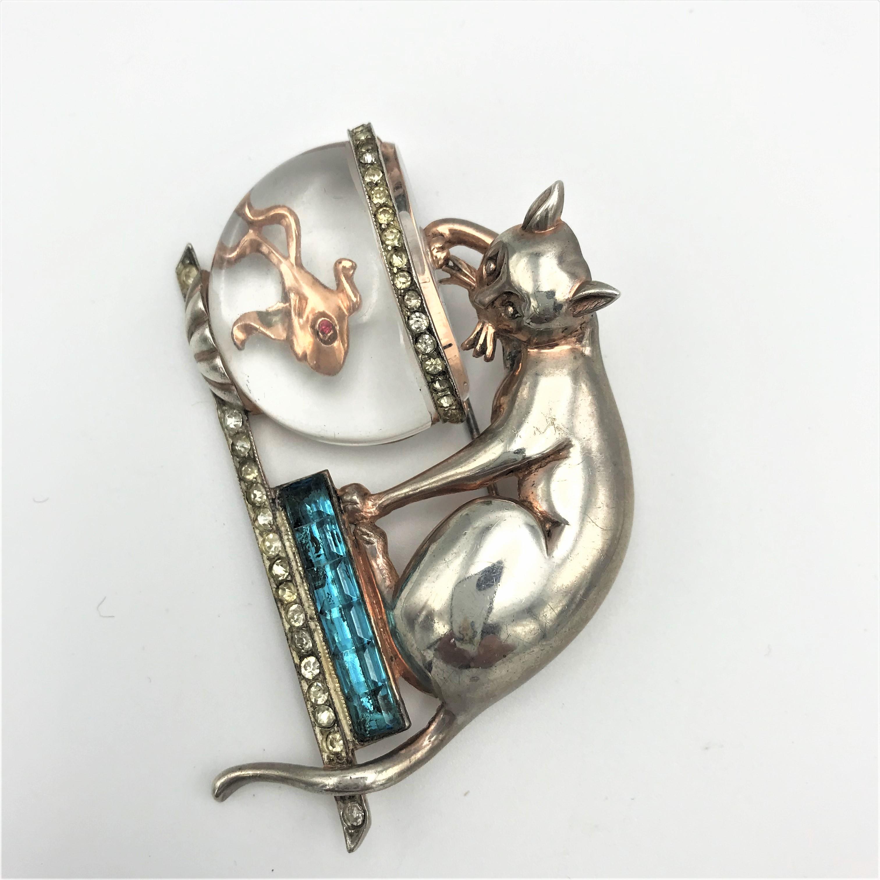 Baguette Cut Anthony Aquilino Cat on fishing in Jelly Belly bowl brooch sterling silver 1946 