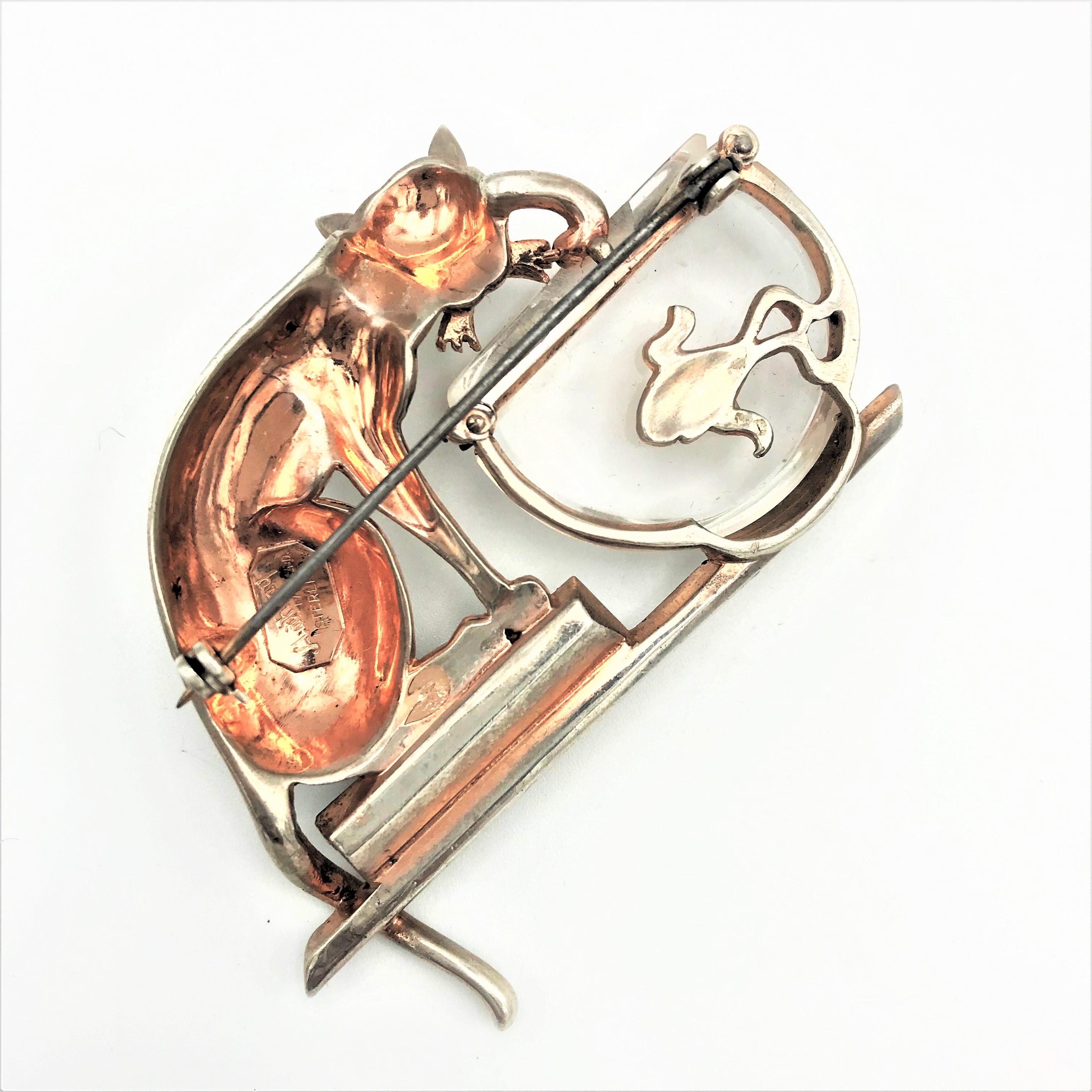 Art Deco Anthony Aquilino Cat on fishing in Jelly Belly bowl brooch sterling silver 1946 