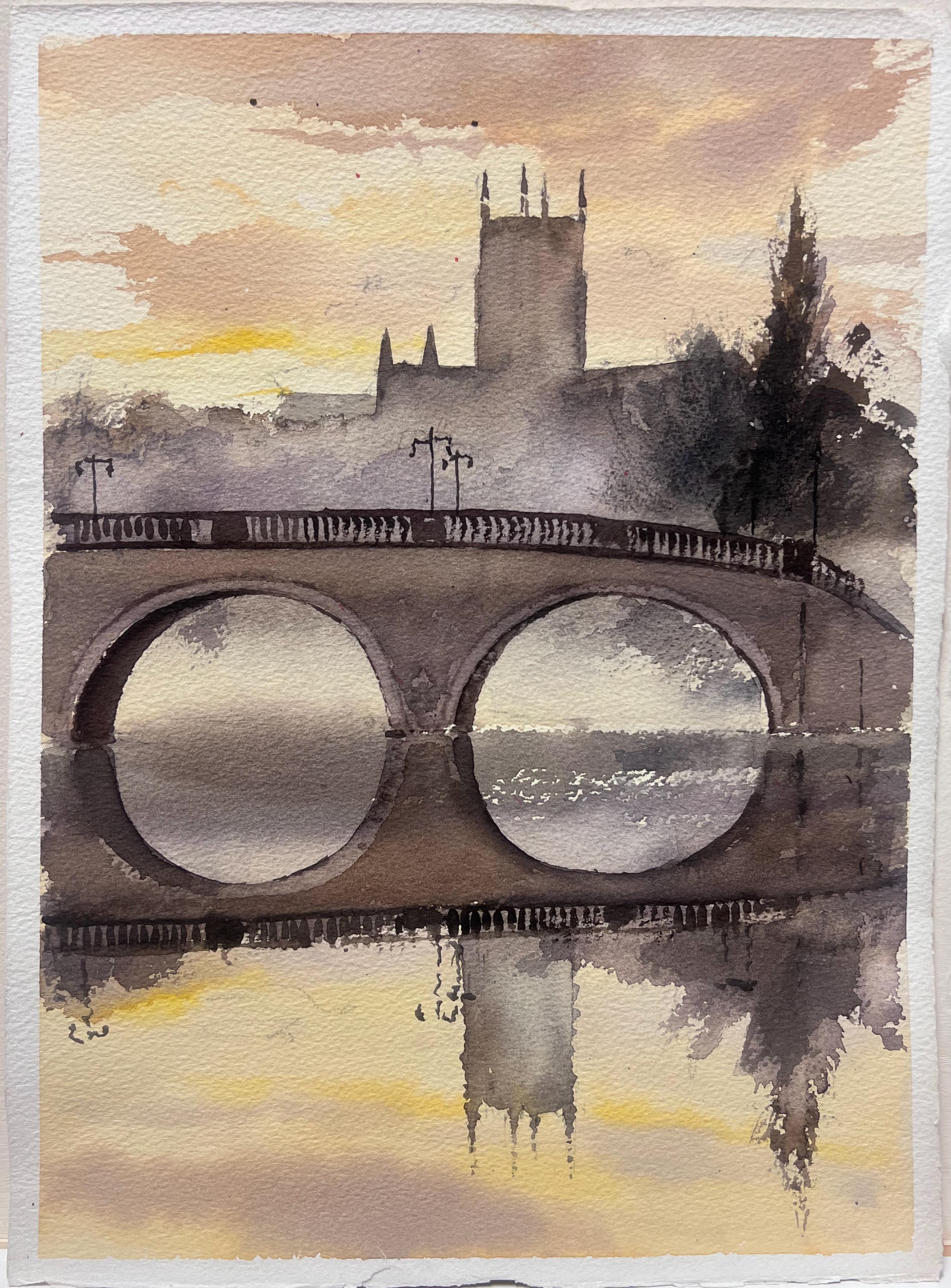 English Impressionist, acquerello del XX secolo, ponte del fiume inglese nebbioso, guglia di una chiesa - Painting di Anthony Avery