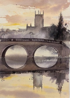 British 20thC Impressionist Watercolor Misty English River Bridge Church Spire