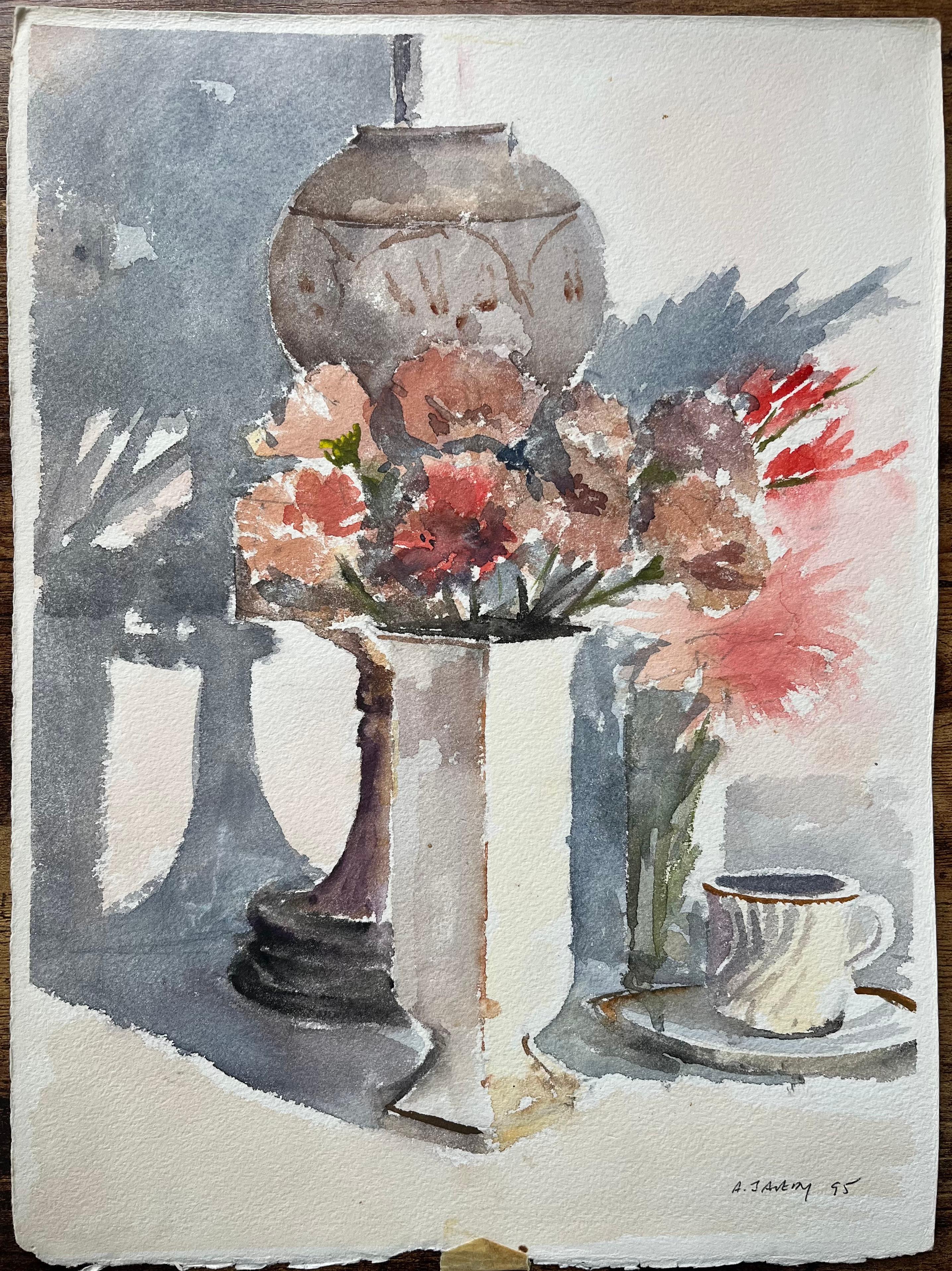Britisches impressionistisches Stillleben eines mit Vase, Blumen und Kaffeebecher, Stillleben – Painting von Anthony Avery