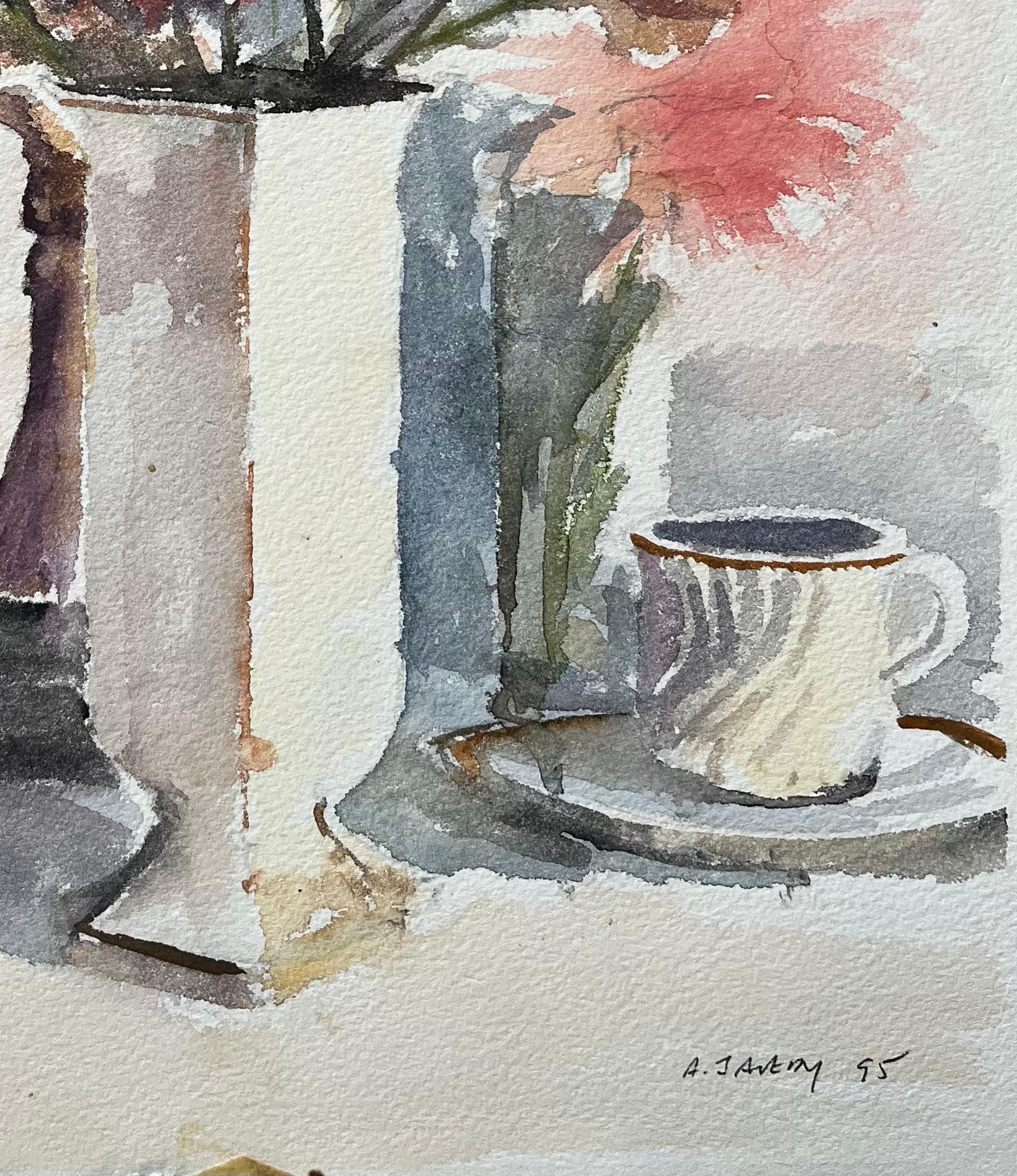 Britisches impressionistisches Stillleben eines mit Vase, Blumen und Kaffeebecher, Stillleben (Impressionismus), Painting, von Anthony Avery