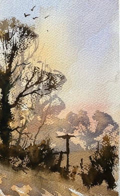 Aquarelle impressionniste britannique Paysage d'arbres au lever du soleil