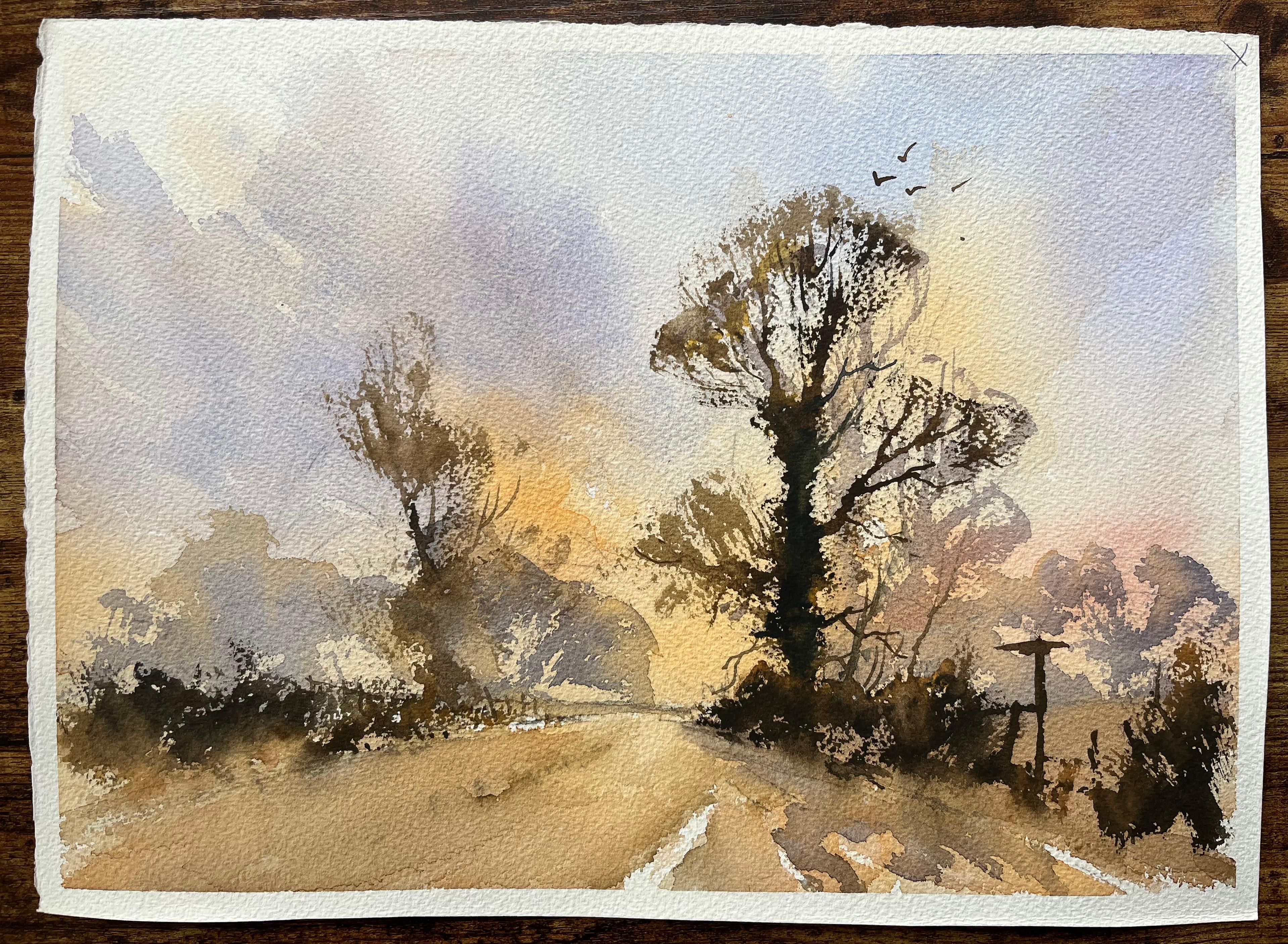 Britischer Impressionist Aquarell Landschaft von Bäumen bei Sonnenaufgang (Impressionismus), Painting, von Anthony Avery
