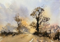 British Impressionist Watercolor Landscape of Trees at Sunrise