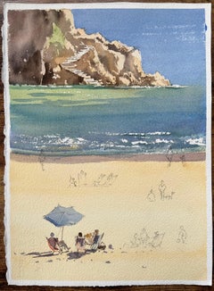 British Impressionist Watercolor of a Beach Scene with Coastal Cliffs