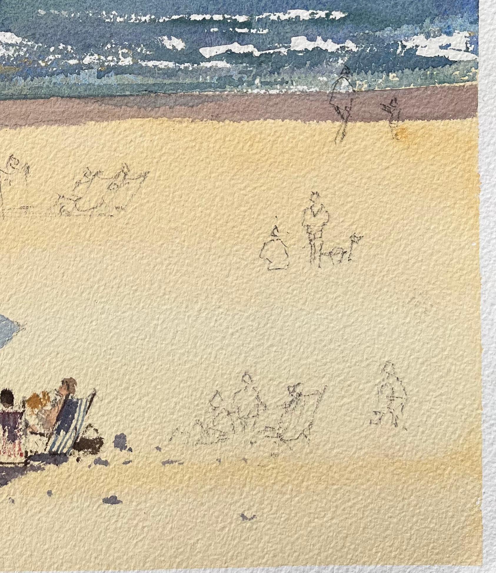 Titel: Britischer Impressionist Aquarell einer Strandszene mit Küstenklippen
Von Anthony Avery (Brite 1946-2023)
Original-Aquarell auf Künstlerpapier, ungerahmt
Abmessungen: 15,25 x 11,25 Zoll (Höhe x Breite)
Zustand: Gut, mit leichten