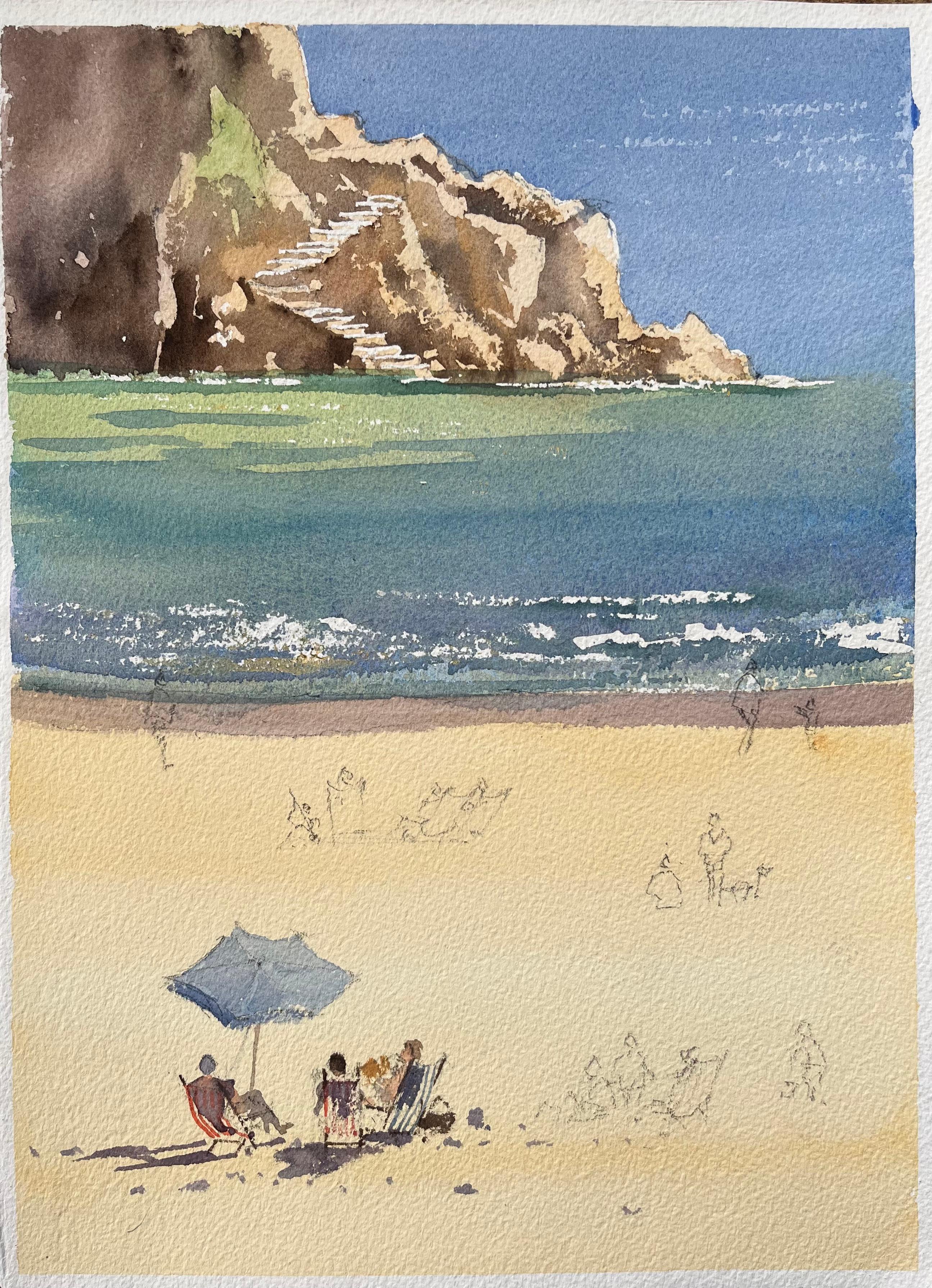 Anthony Avery Landscape Painting – Britisches impressionistisches Aquarell einer Strandszene mit Küsten Cliffs, britischer Impressionismus