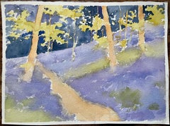 British Impressionist Watercolor of a Bluebell Woods Pathway in Spring Light