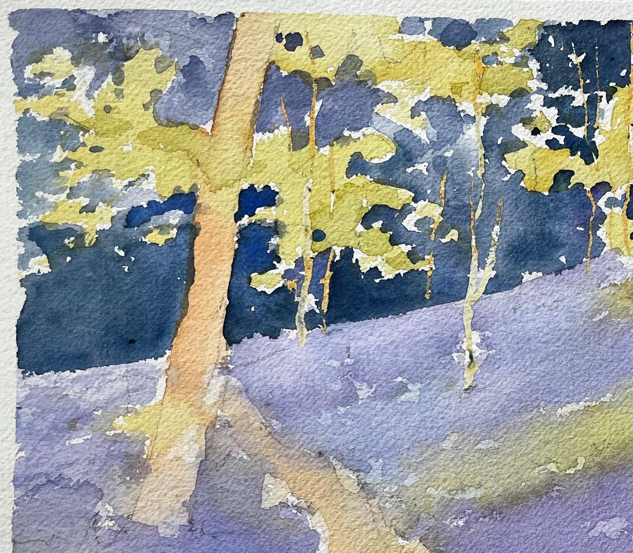 Aquarelle impressionniste britannique d'un chemin de bois en forme de cloche bleue en lumière de printemps - Impressionnisme Painting par Anthony Avery