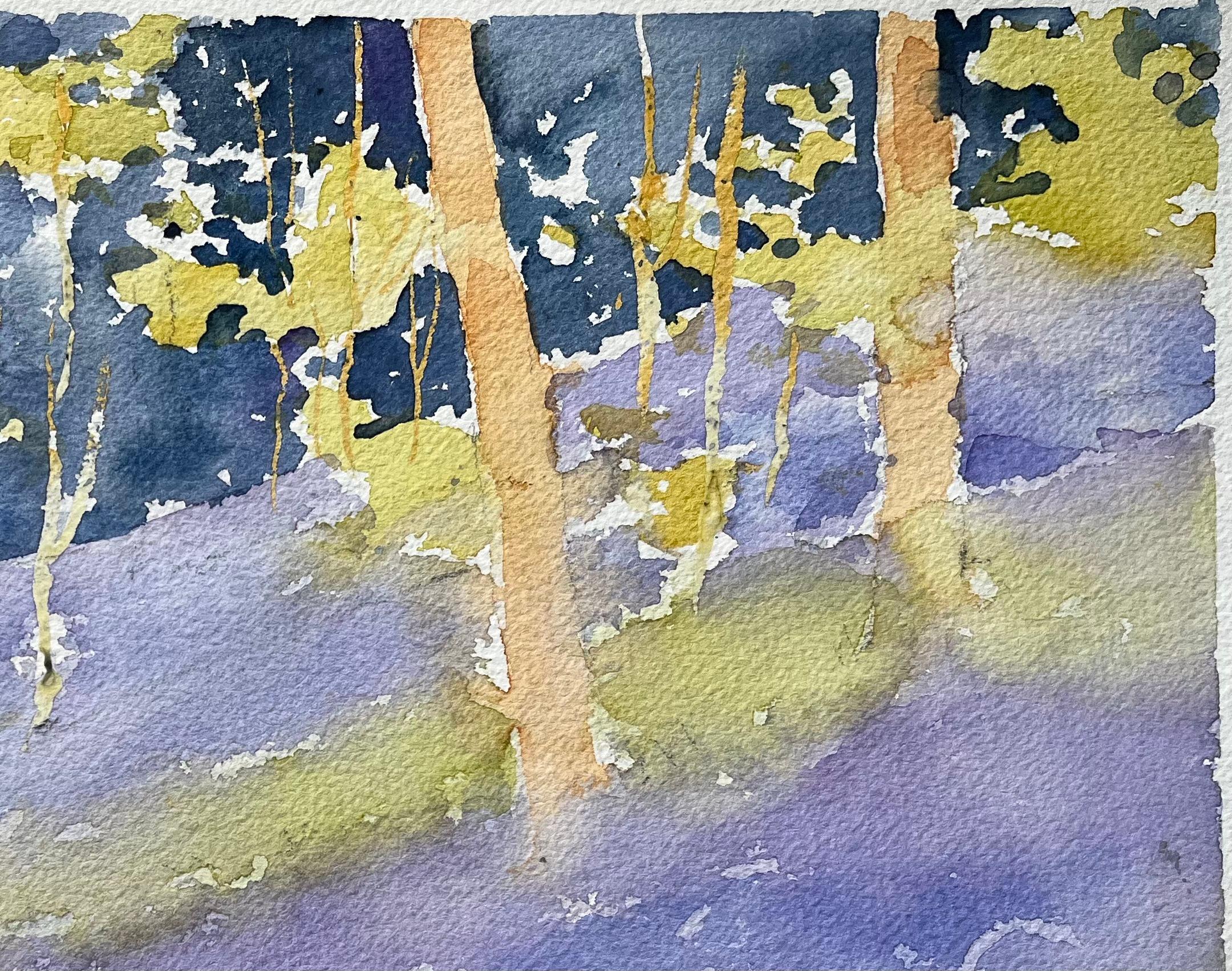 Aquarelle impressionniste britannique d'un chemin de bois en forme de cloche bleue en lumière de printemps - Gris Landscape Painting par Anthony Avery