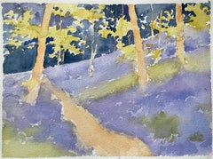 Britisches impressionistisches Aquarell eines Bluebell-Holzpfads in Frühlingslicht, British Impressionismus