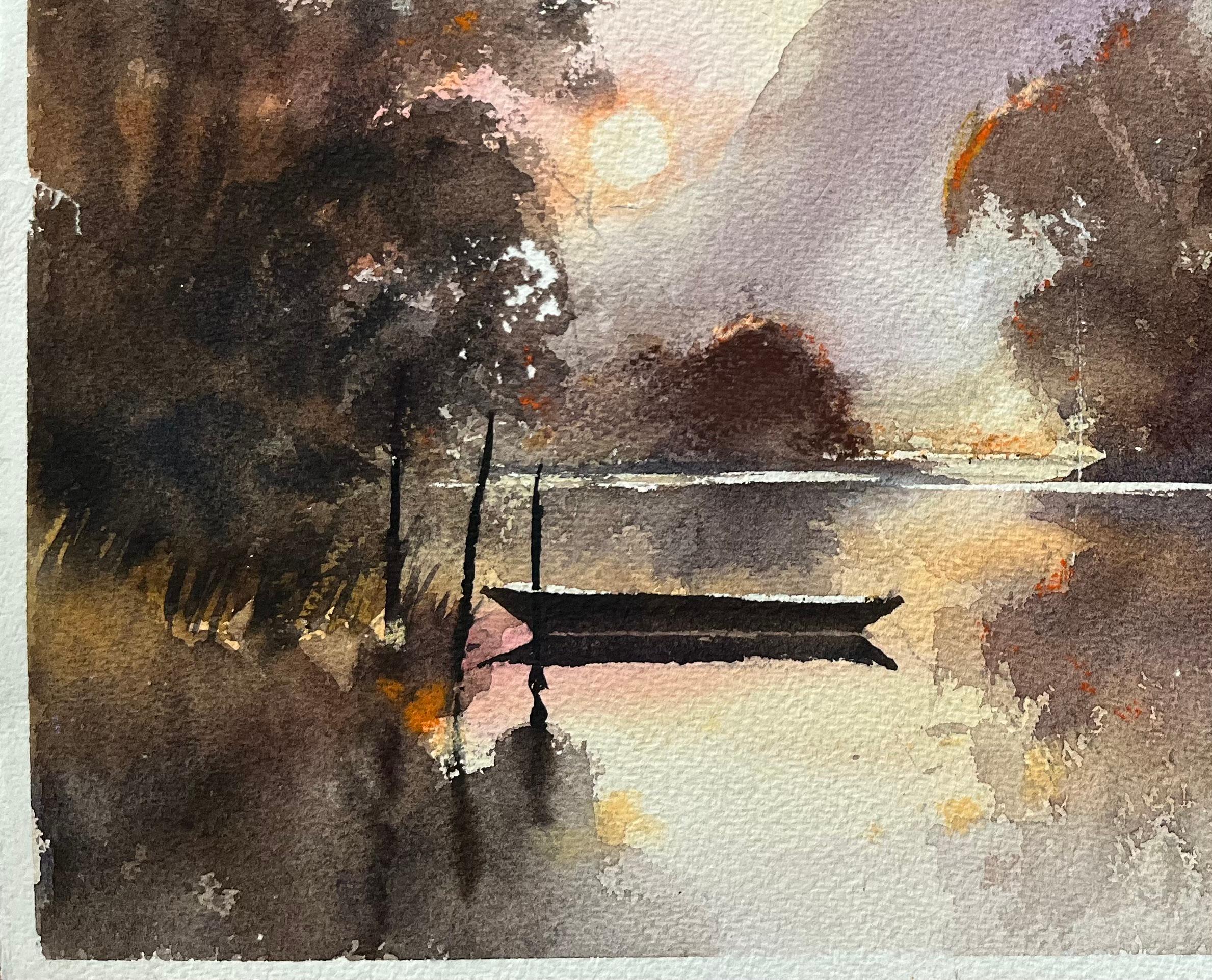 Aquarelle impressionniste britannique d'un bateau et d'un lever de soleil brumeux au bord de la rivière - Impressionnisme Painting par Anthony Avery