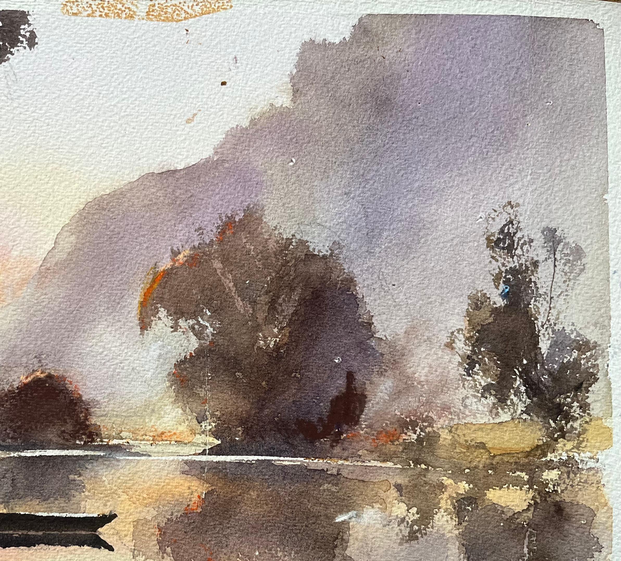 Aquarelle impressionniste britannique d'un bateau et d'un lever de soleil brumeux au bord de la rivière en vente 1