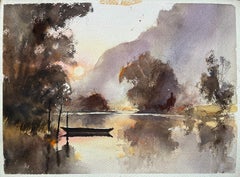British Impressionist Watercolor of a Boat and a Misty Riverside Sunrise