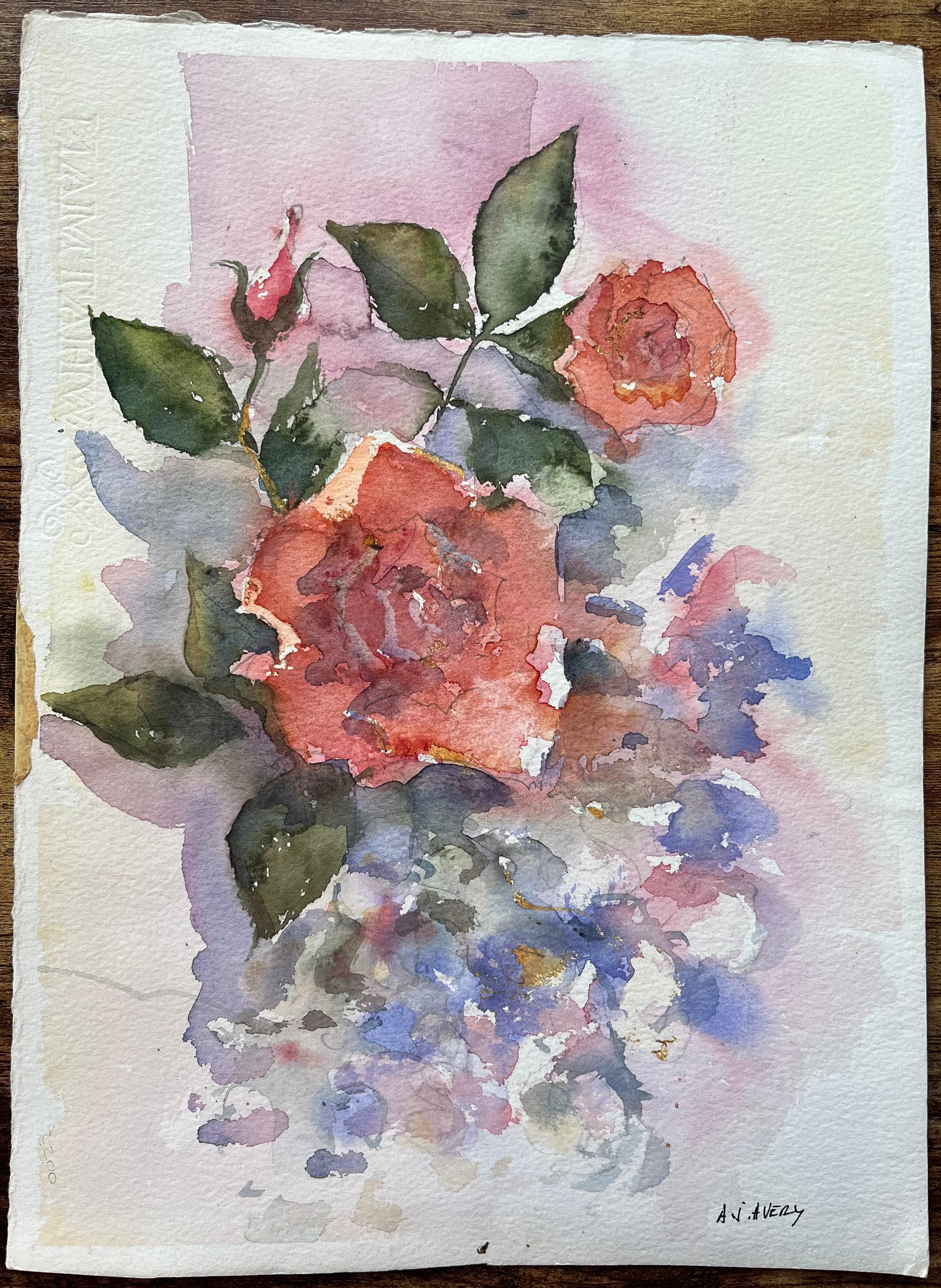 Britischer Impressionist Aquarell eines Blumenstraußes aus leuchtenden Rosen – Painting von Anthony Avery
