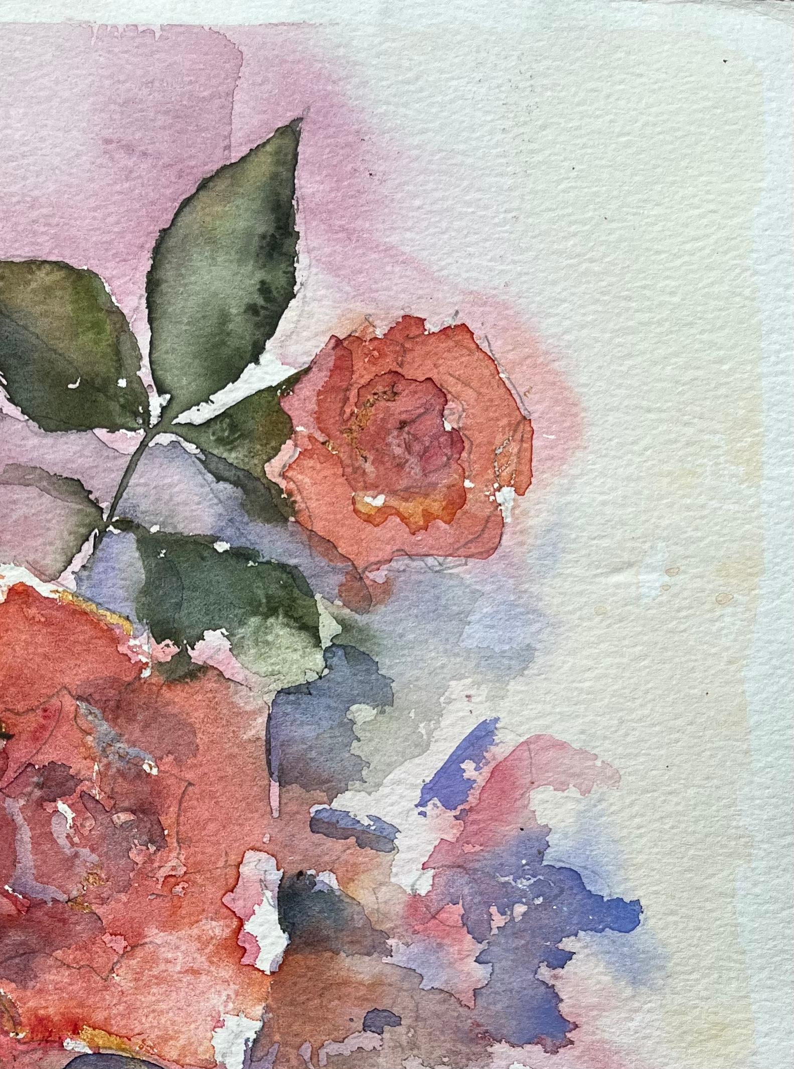 Britischer Impressionist Aquarell eines Blumenstraußes aus leuchtenden Rosen (Grau), Landscape Painting, von Anthony Avery