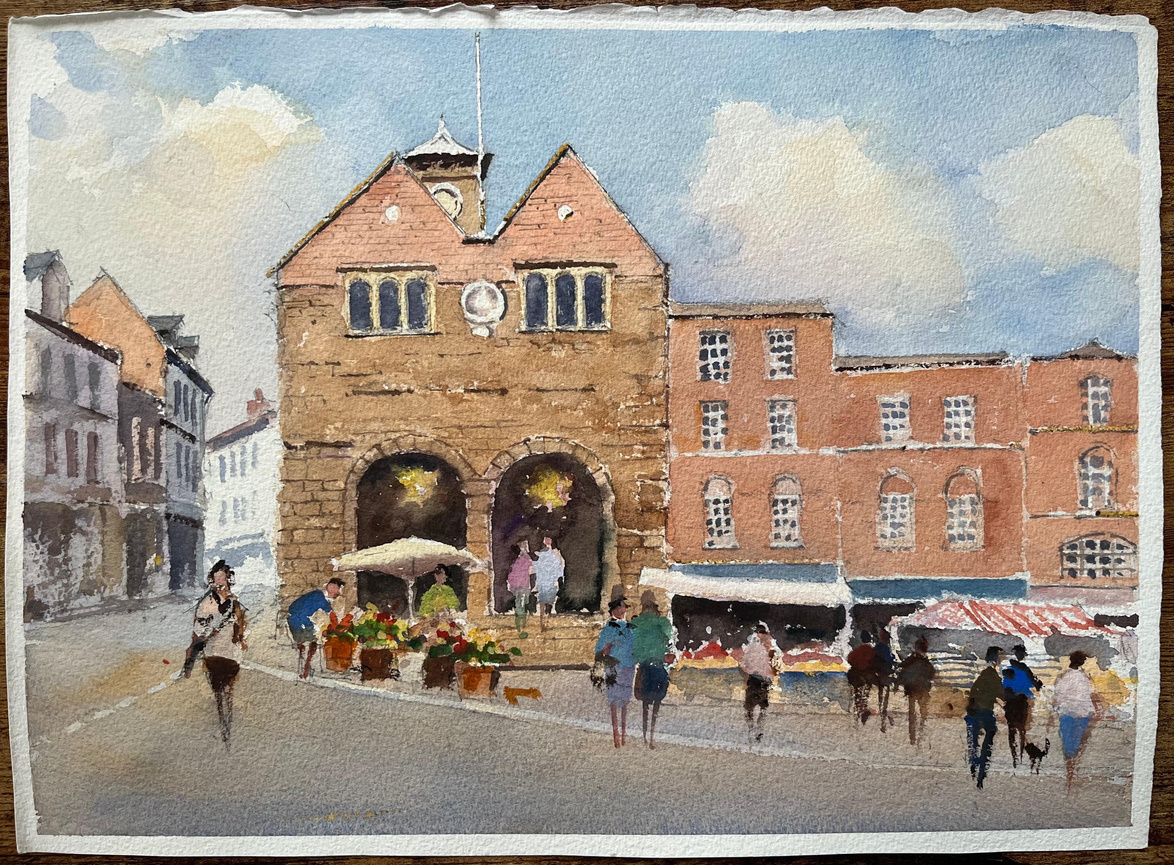 Aquarelle impressionniste britannique d'une scène de marché animée avec des piétons - Painting de Anthony Avery