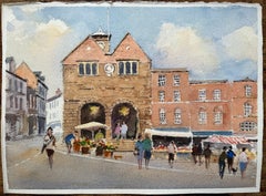 British Impressionist Watercolor of a Bustling Market Square Scene with Stalls