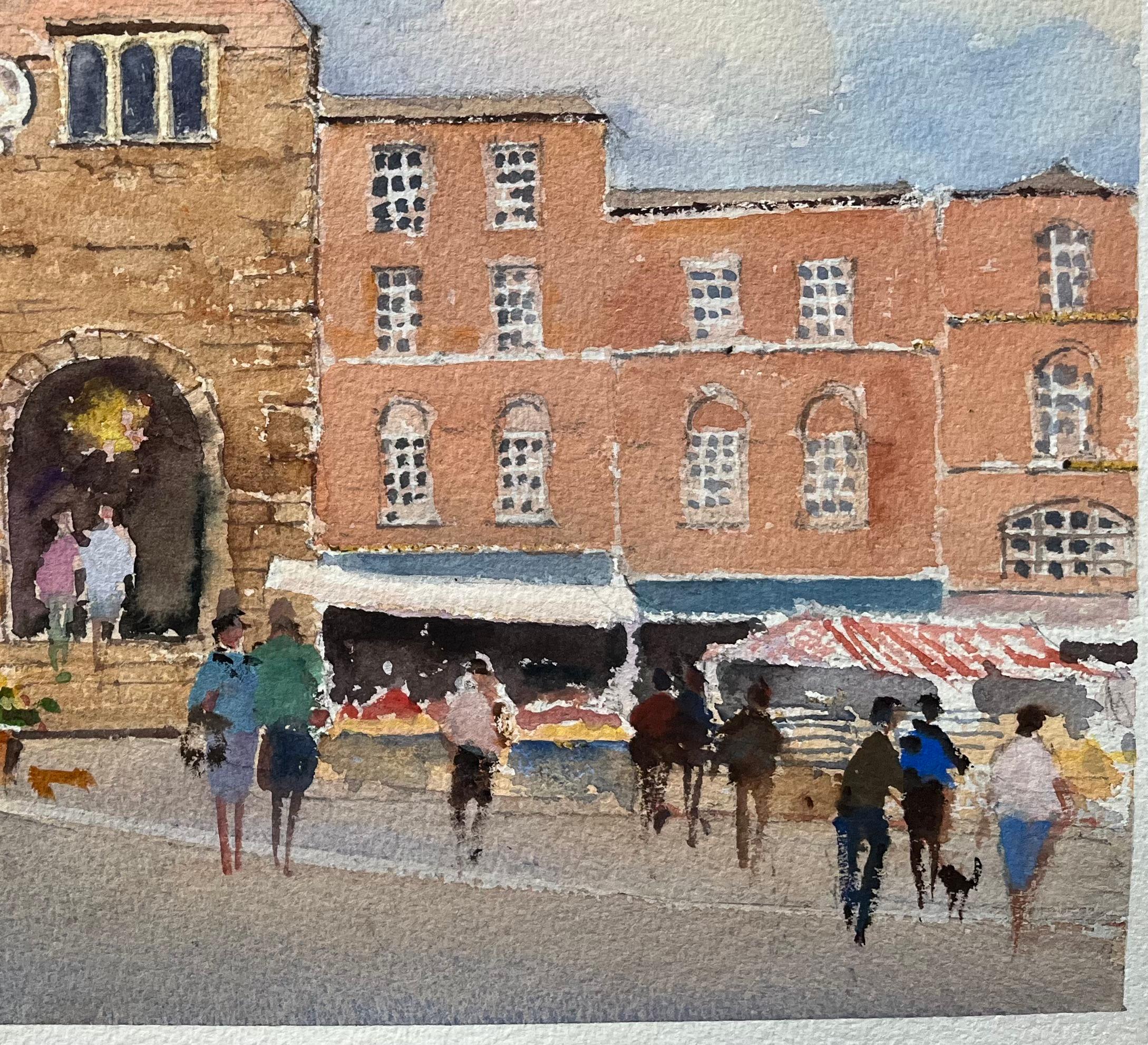 Aquarelle impressionniste britannique d'une scène de marché animée avec des piétons - Impressionnisme Painting par Anthony Avery