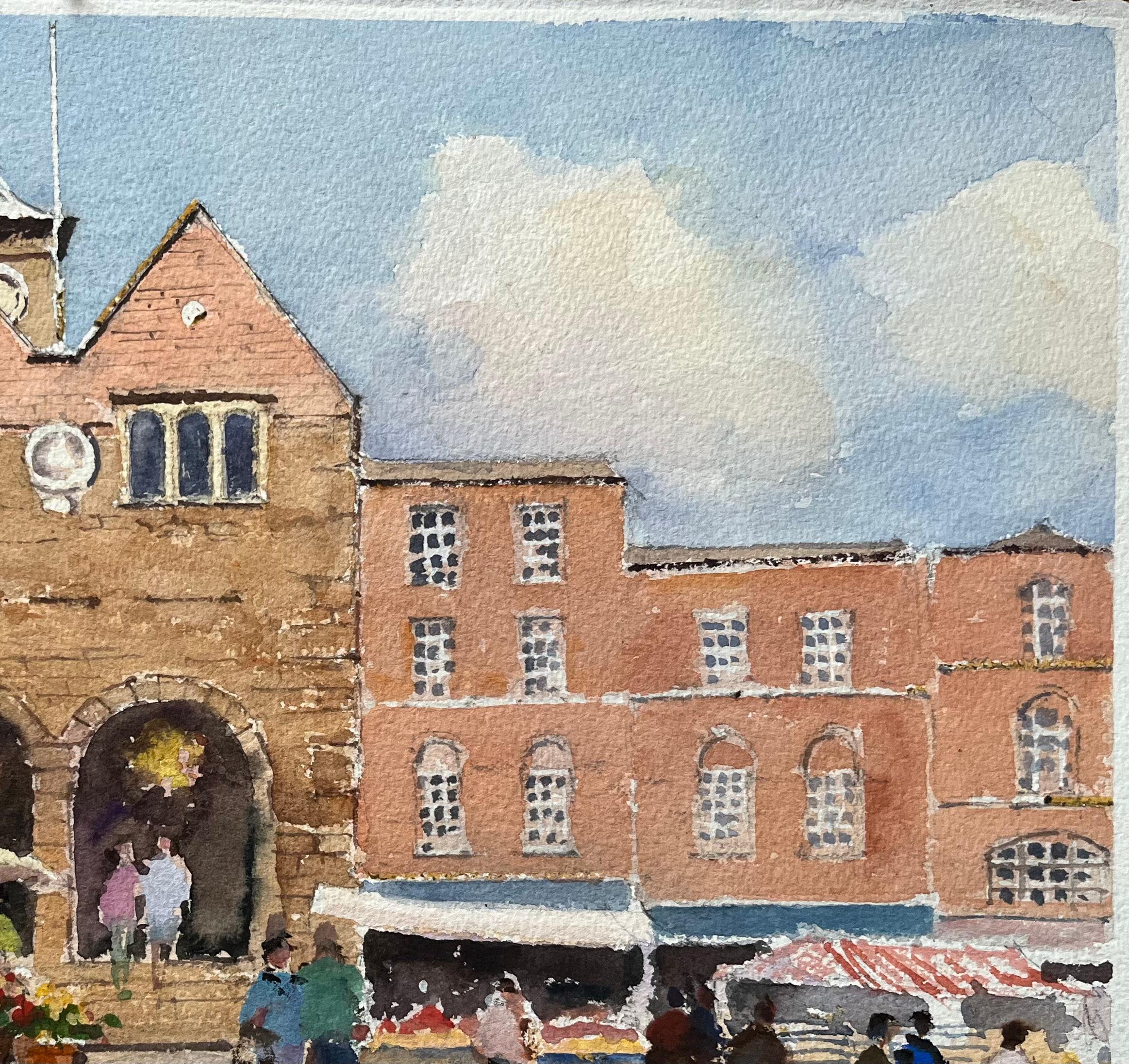Aquarelle impressionniste britannique d'une scène de marché animée avec des piétons - Marron Landscape Painting par Anthony Avery