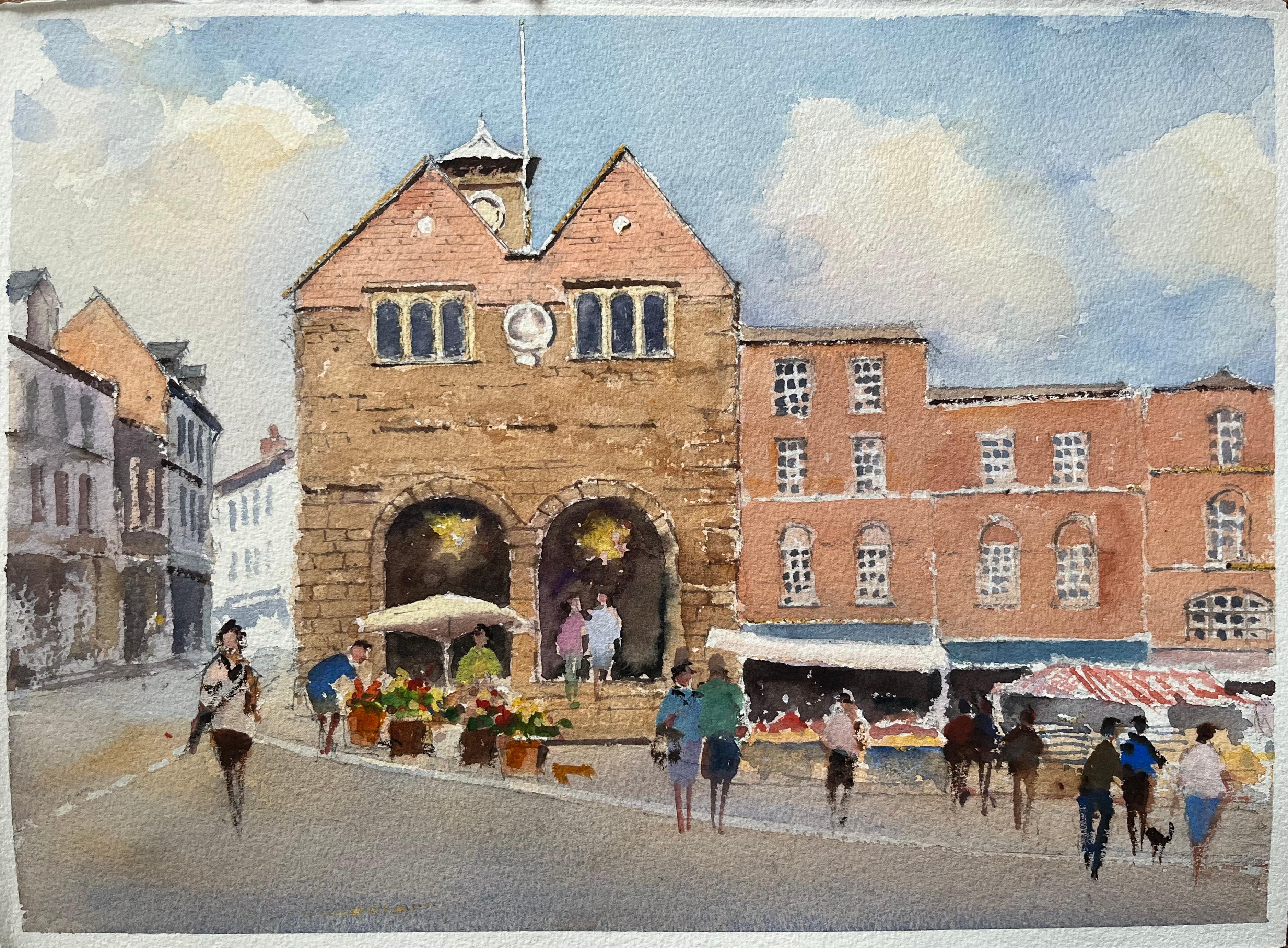 Aquarelle impressionniste britannique d'une scène de marché animée avec des piétons