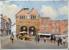 British Impressionist Watercolor of a Bustling Market Square Scene with Stalls