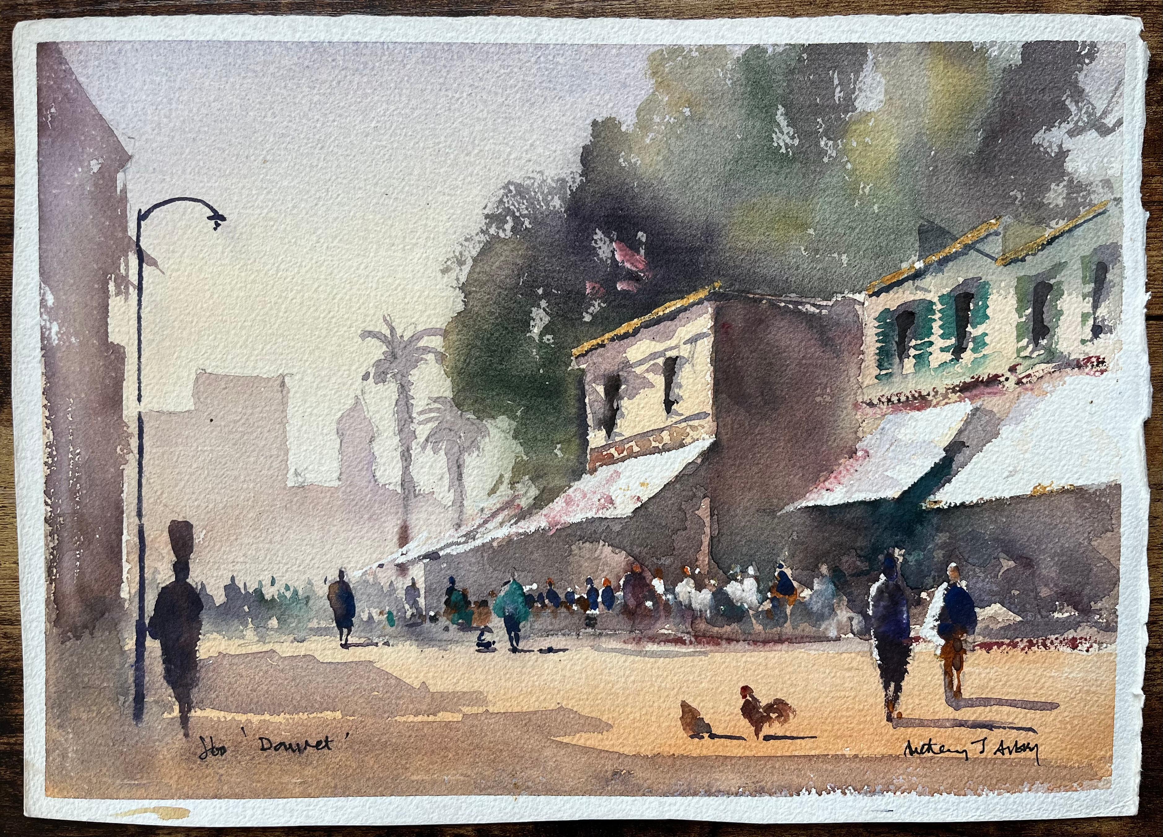 British Impressionist Watercolor of a Bustling Street Market Scene - Painting by Anthony Avery