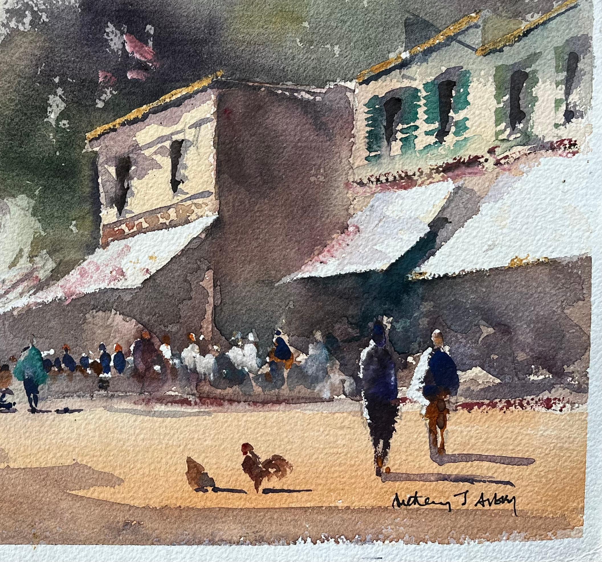British Impressionist Watercolor of a Bustling Street Market Scene - Gray Landscape Painting by Anthony Avery