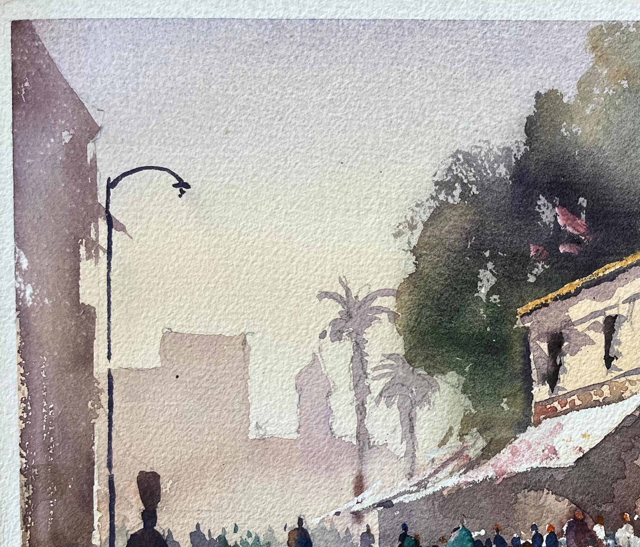 British Impressionist Watercolor of a Bustling Street Market Scene For Sale 1