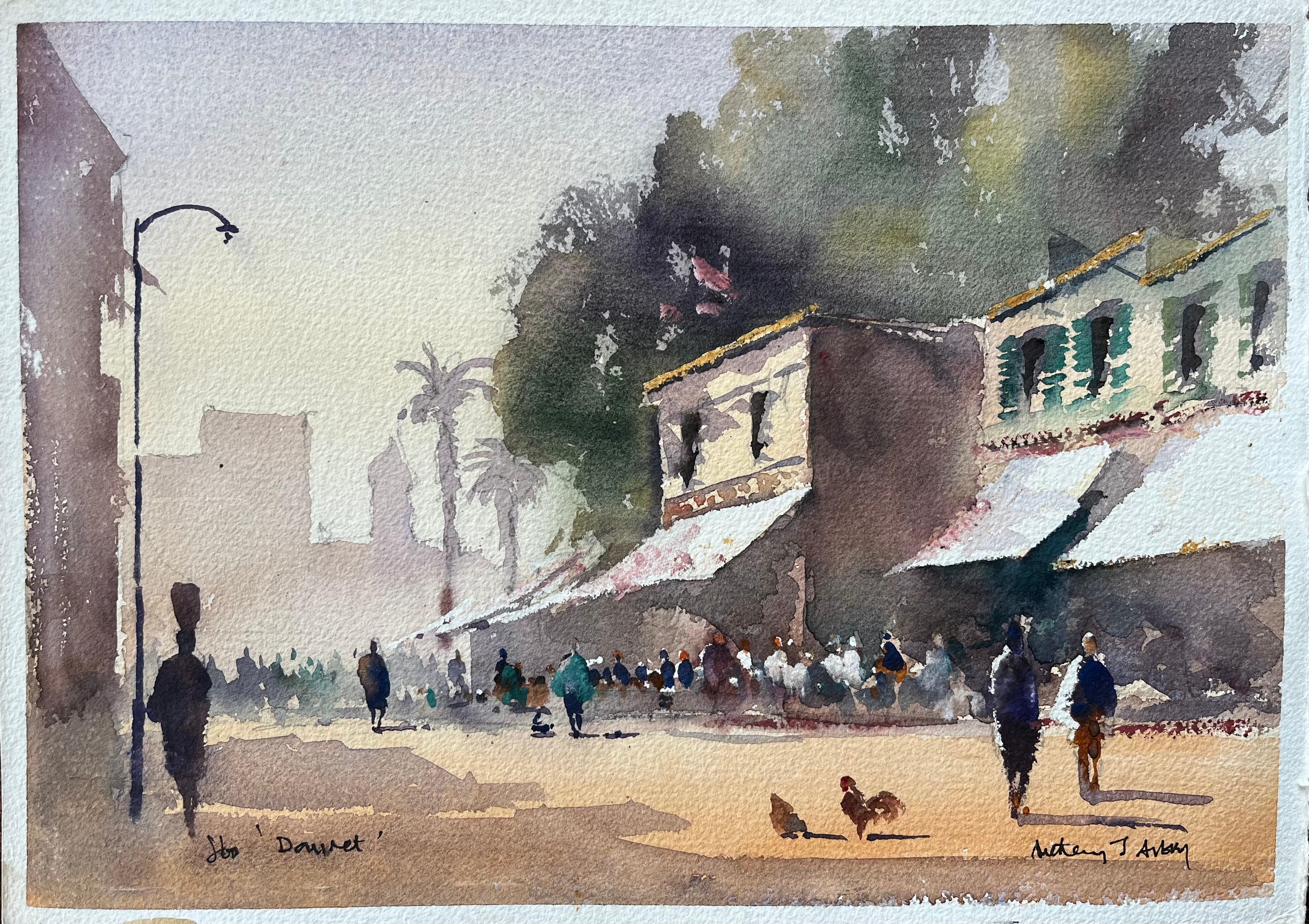 Anthony Avery Landscape Painting - British Impressionist Watercolor of a Bustling Street Market Scene