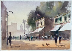British Impressionist Watercolor of a Bustling Street Market Scene
