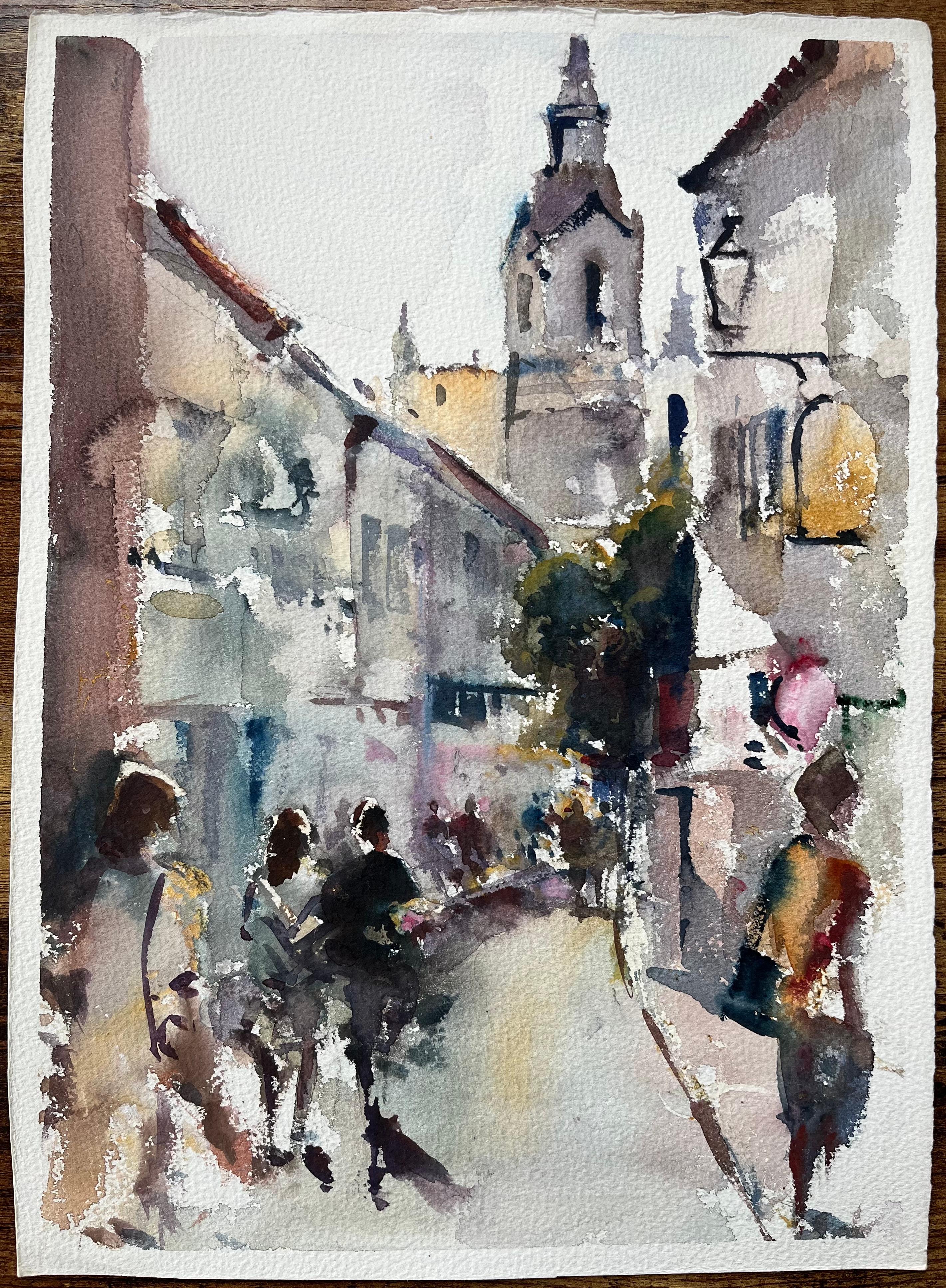 Britisches impressionistisches Aquarell einer Bustling Street mit Kirchenturm, British Impressionismus – Painting von Anthony Avery