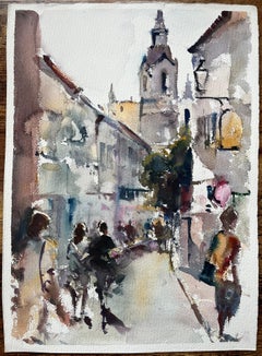 British Impressionist Watercolor of a Bustling Street with Church Tower
